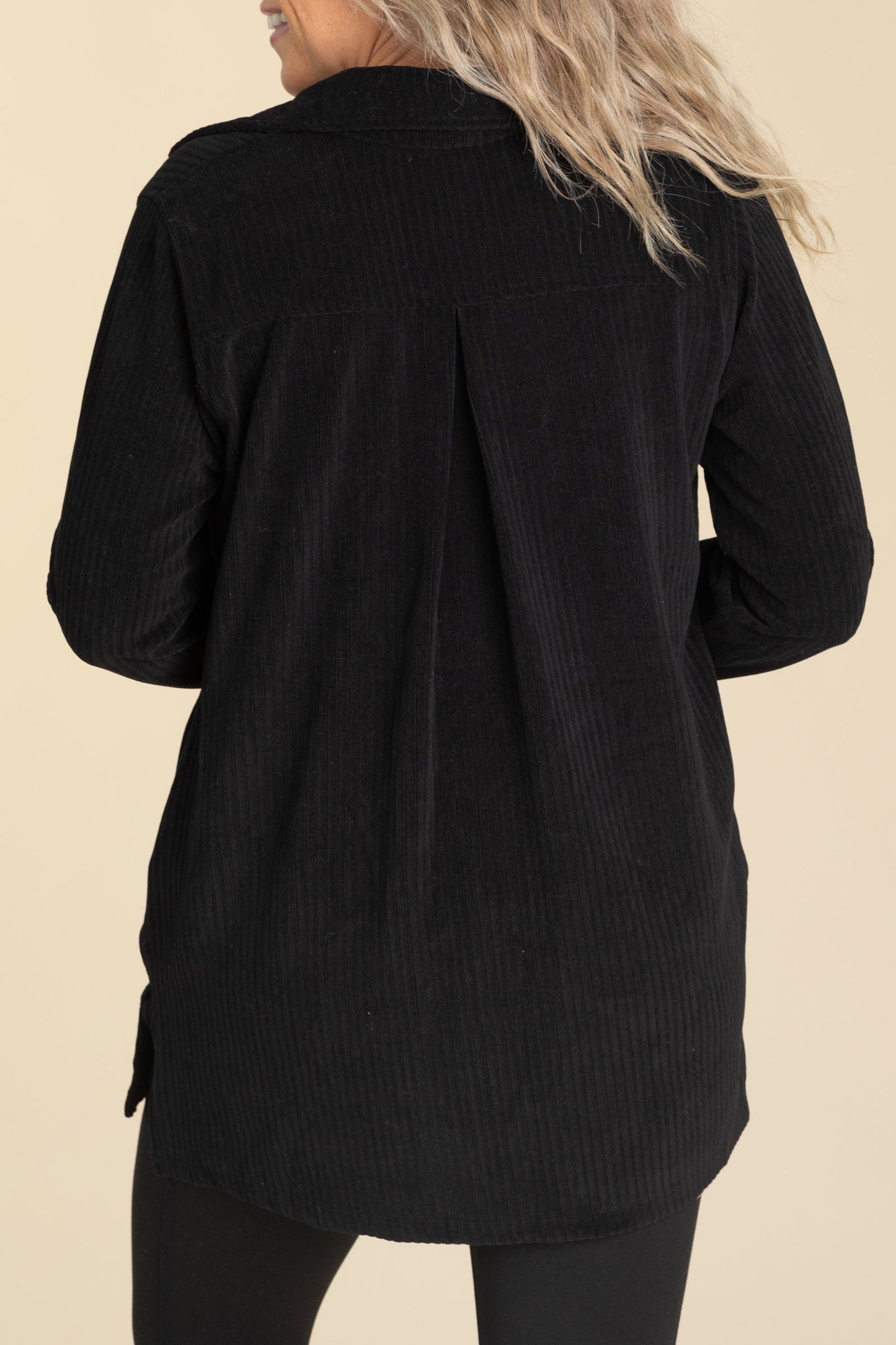 Black Corduroy Ribbed Shacket With Pockets