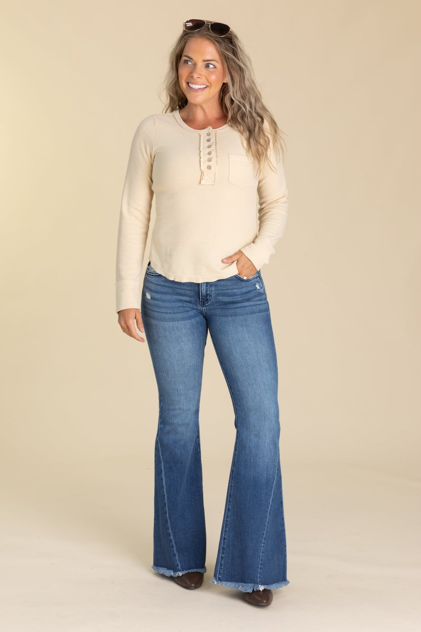 Washed Waffle Knit Tops With Button Detail