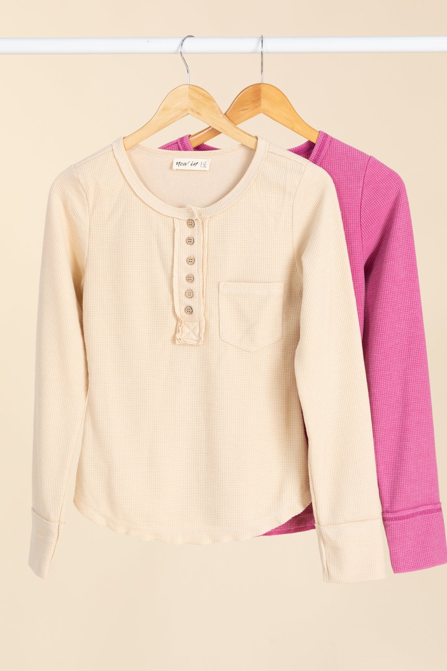 Washed Waffle Knit Tops With Button Detail