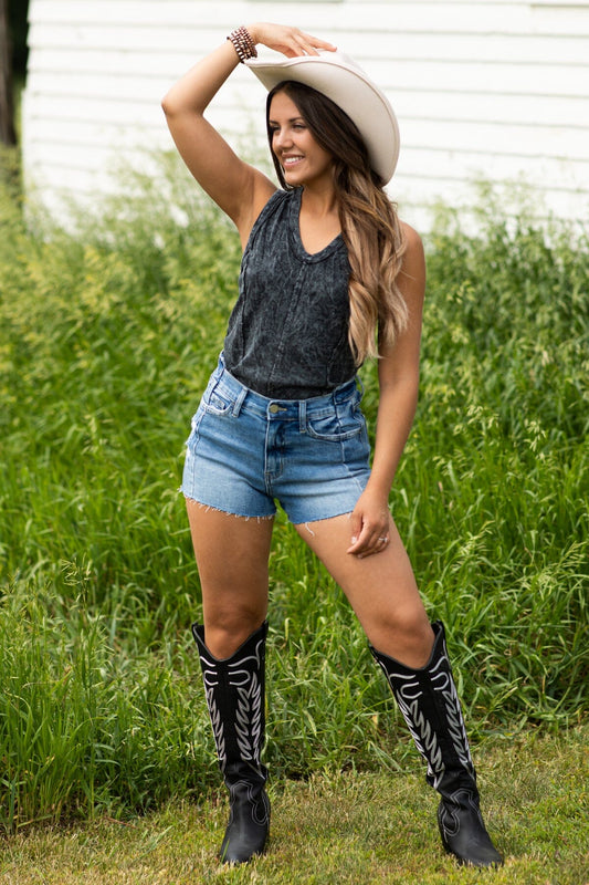 Medium Wash Front Seam Detail Denim Shorts