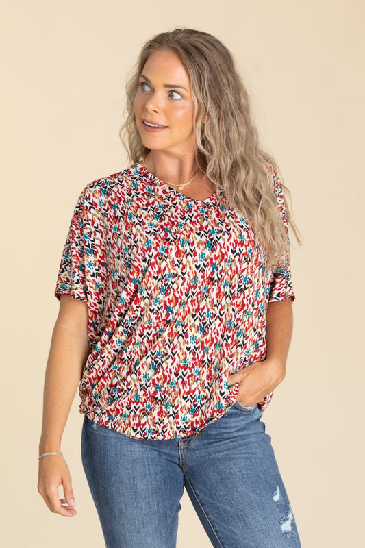Printed Dolman Short Sleeve Wrinkle Free Top