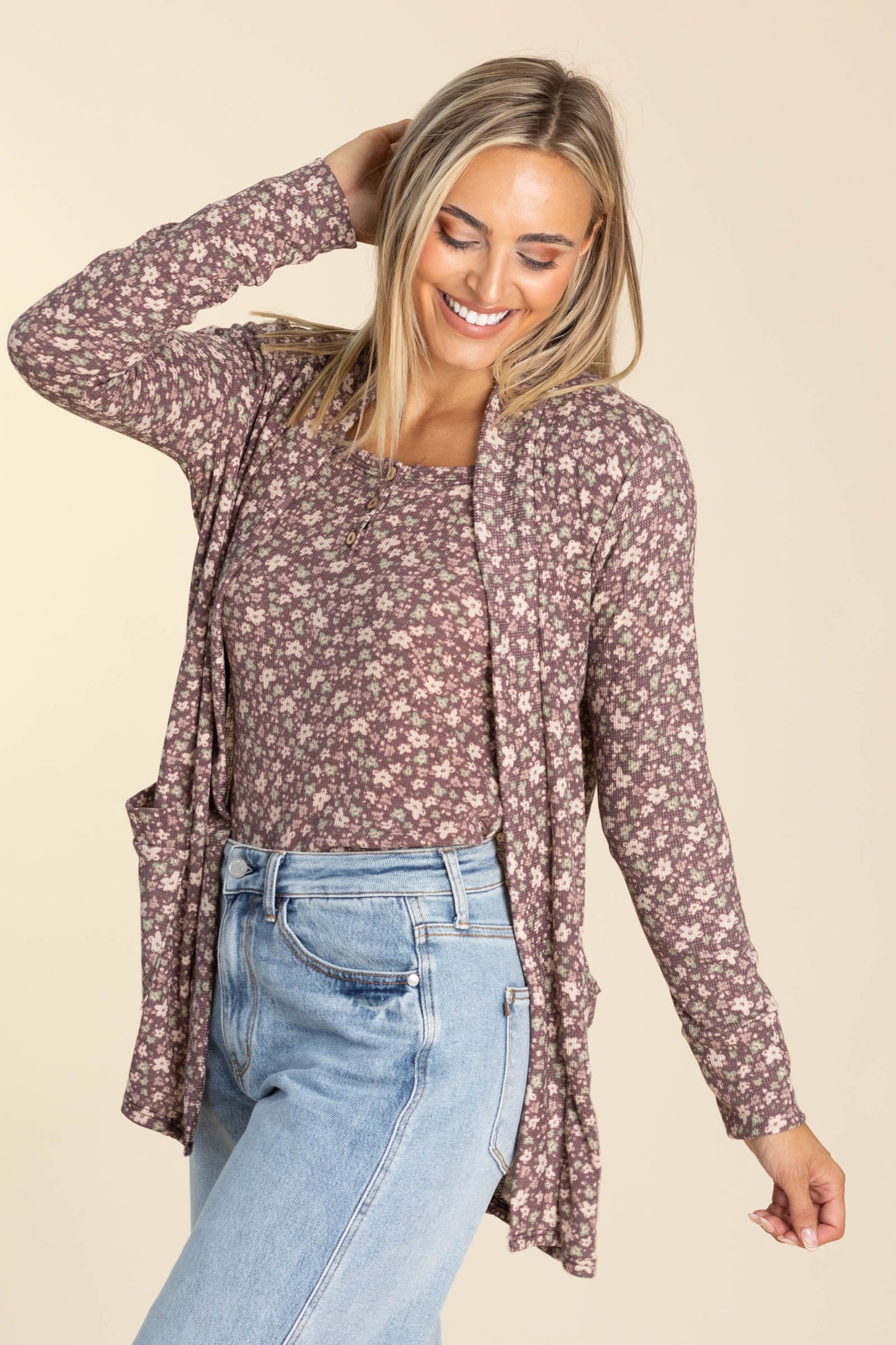 Floral Print Knit Cardigans With Pockets