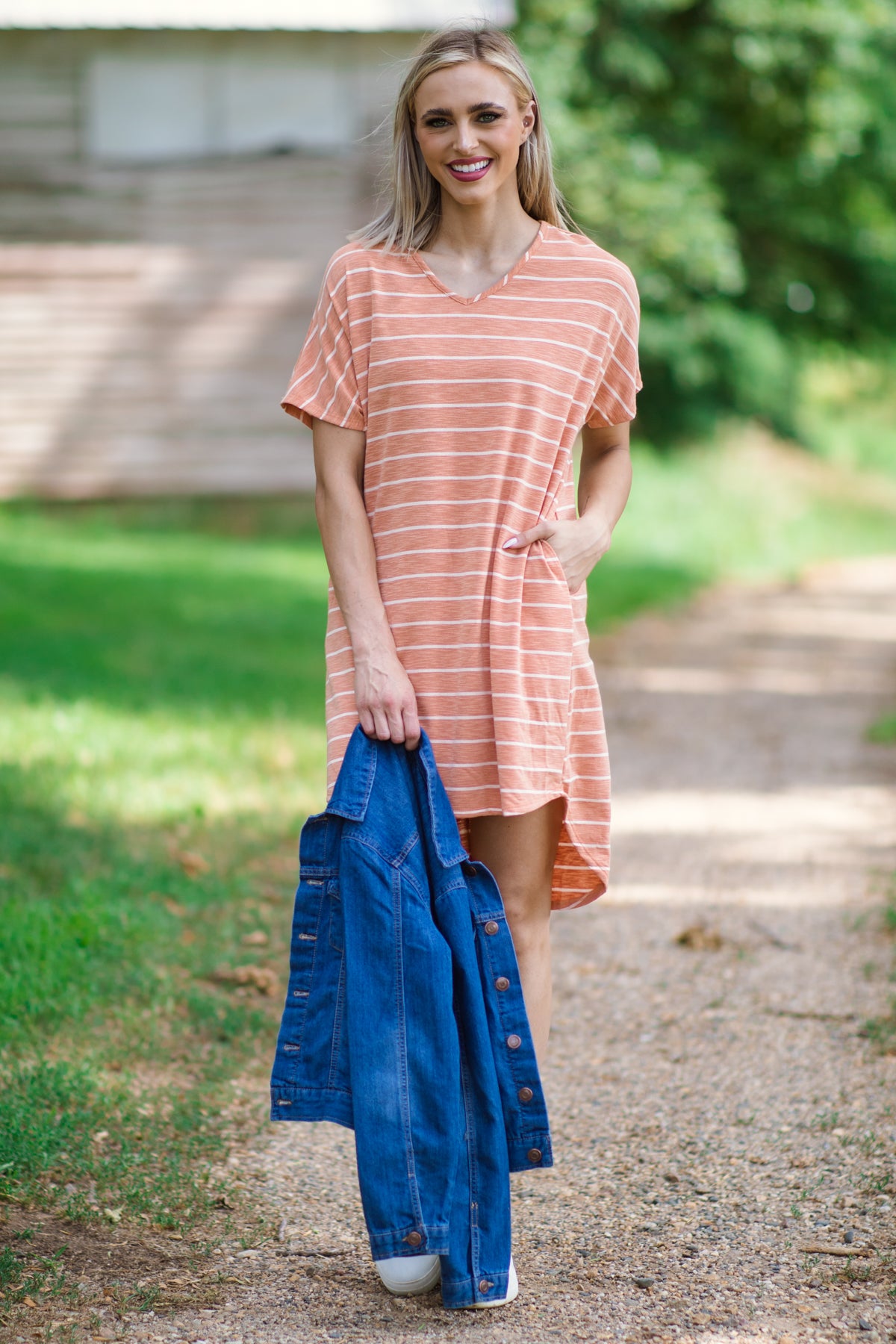 Orange and White Stripe Short Sleeve Dress