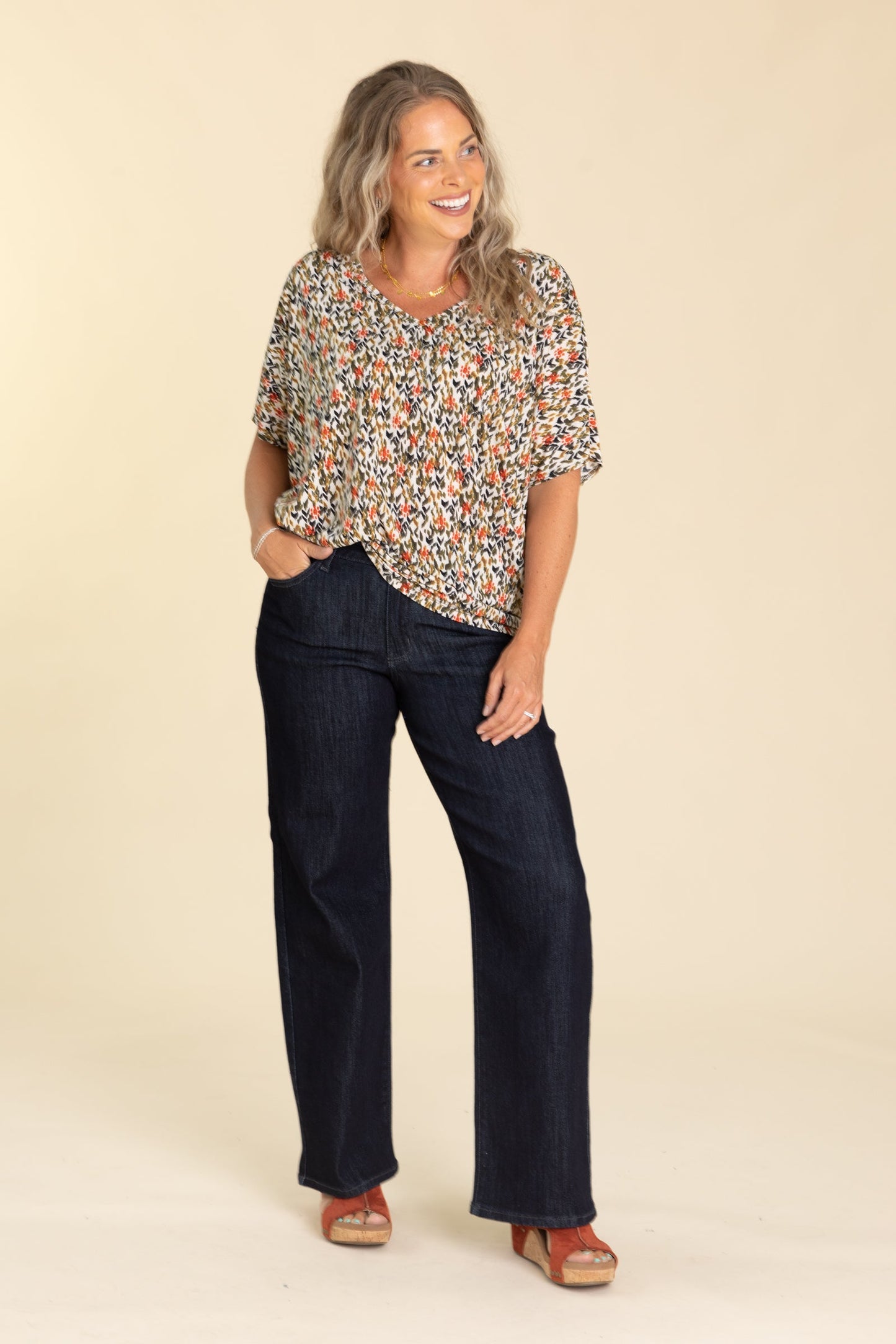 Printed Dolman Short Sleeve Wrinkle Free Top