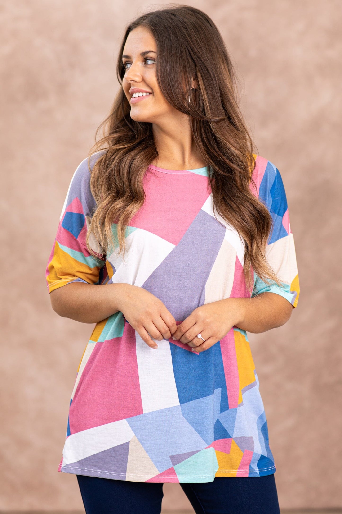 Dark Blush and Blue Multicolor Abstract Top