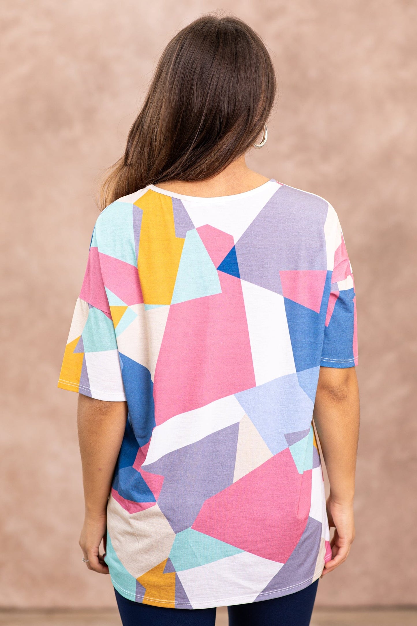 Dark Blush and Blue Multicolor Abstract Top