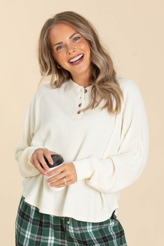 Cream Mineral Wash Henley Waffle