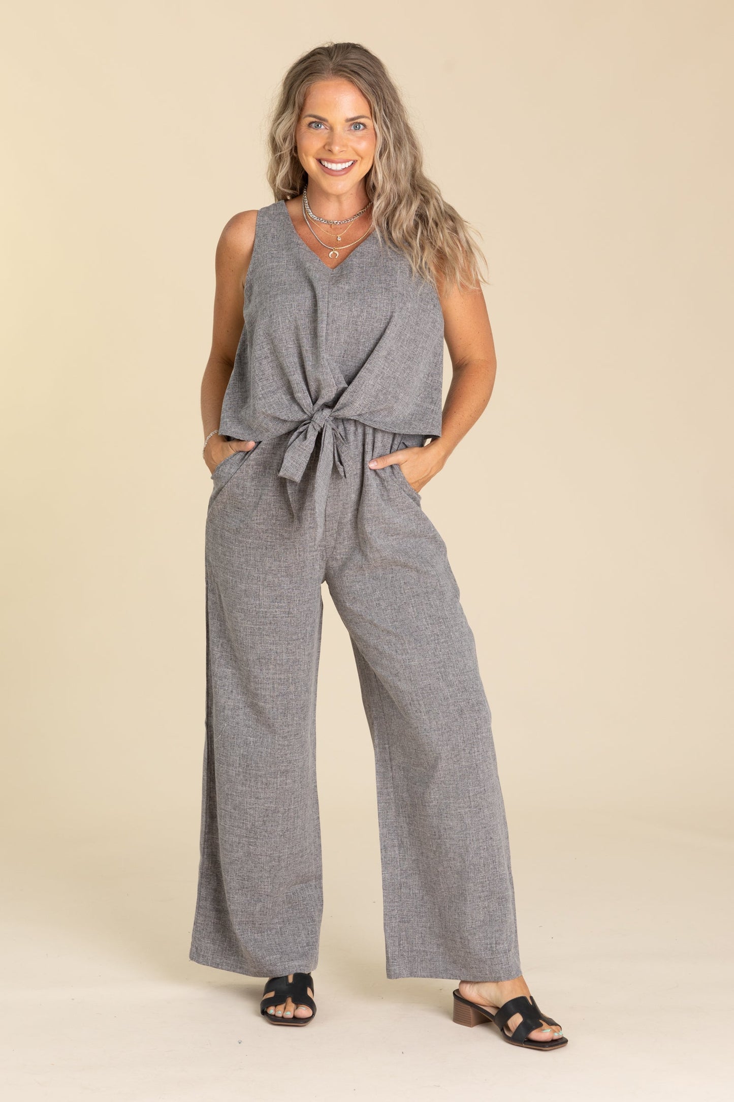Charcoal Jumpsuit With Pockets And Front Twist