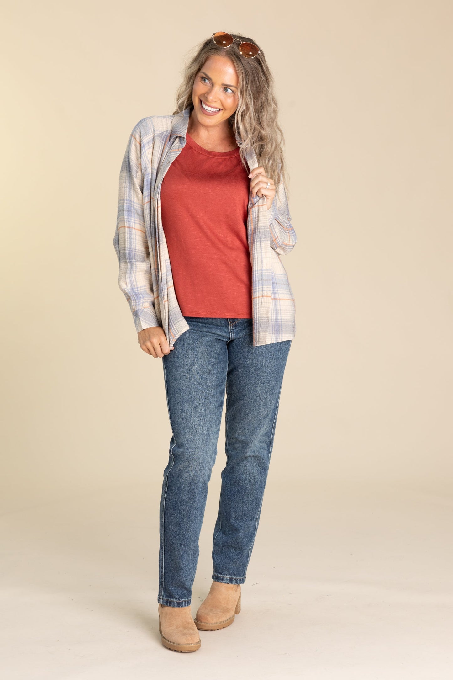 Cornflower And Orange Plaid Button Shirt