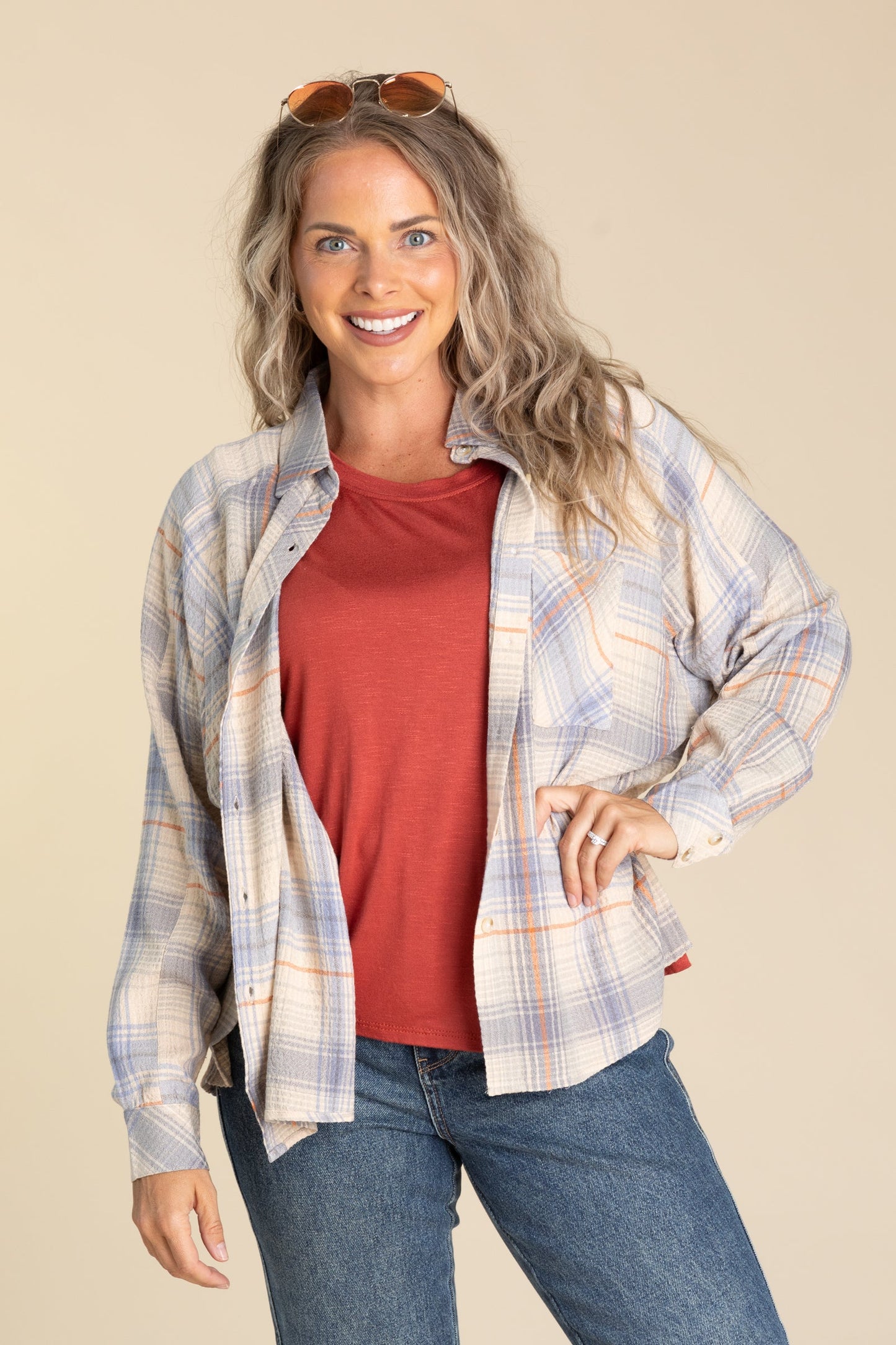 Cornflower And Orange Plaid Button Shirt