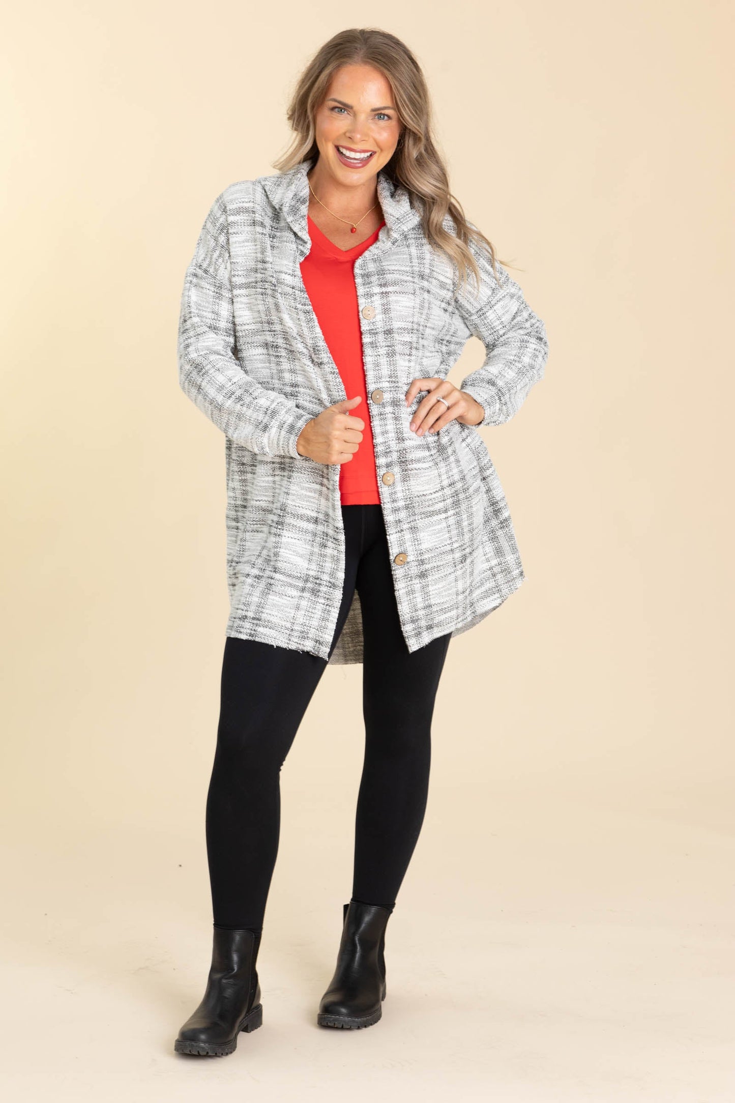 White And Black Boucle Hoodie Button Jacket