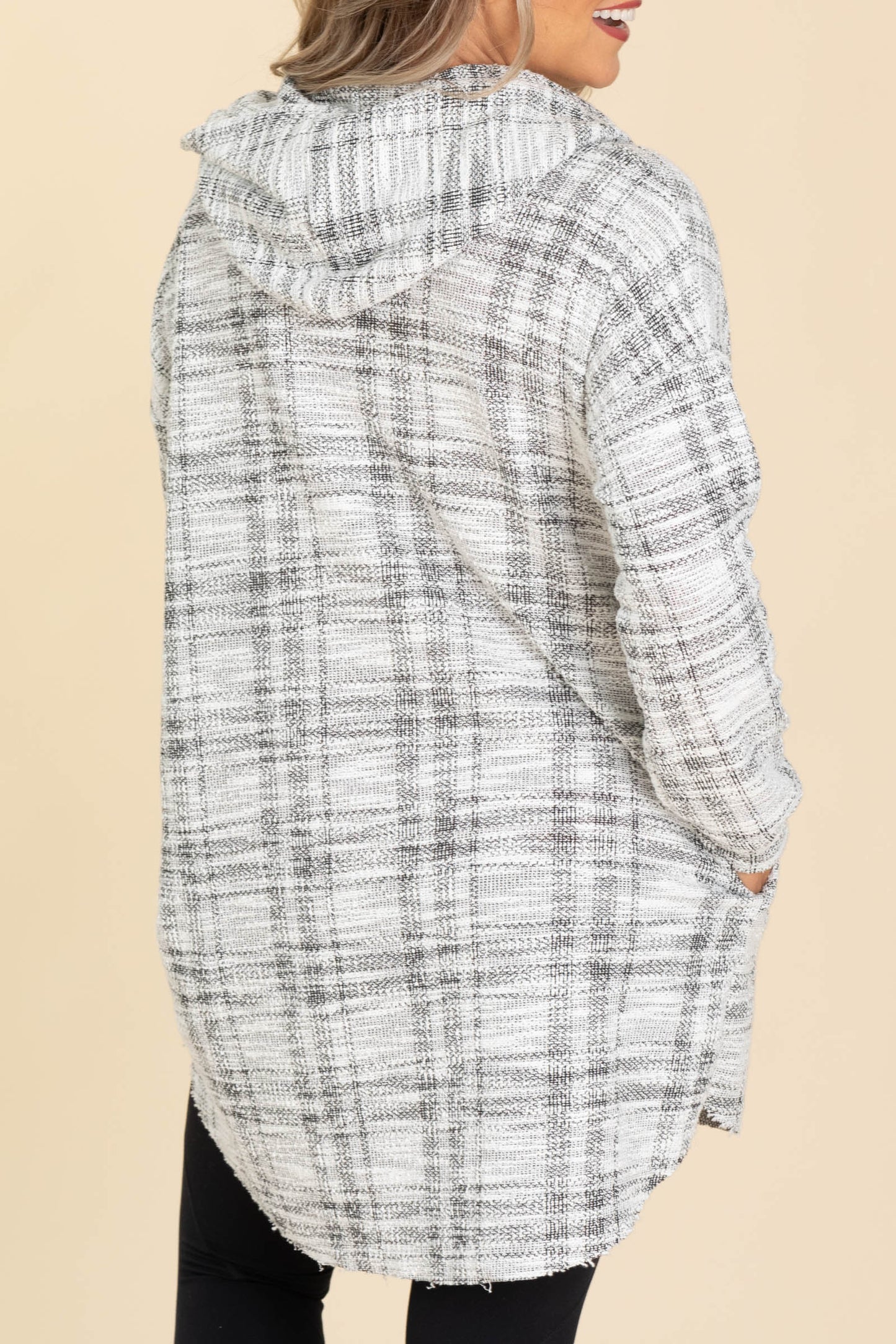 White And Black Boucle Hoodie Button Jacket