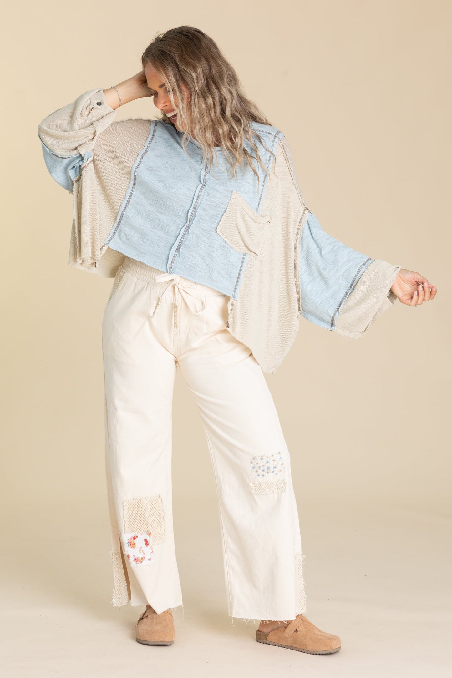 Contrast Balloon Long Sleeve Raw Edge Knit Top