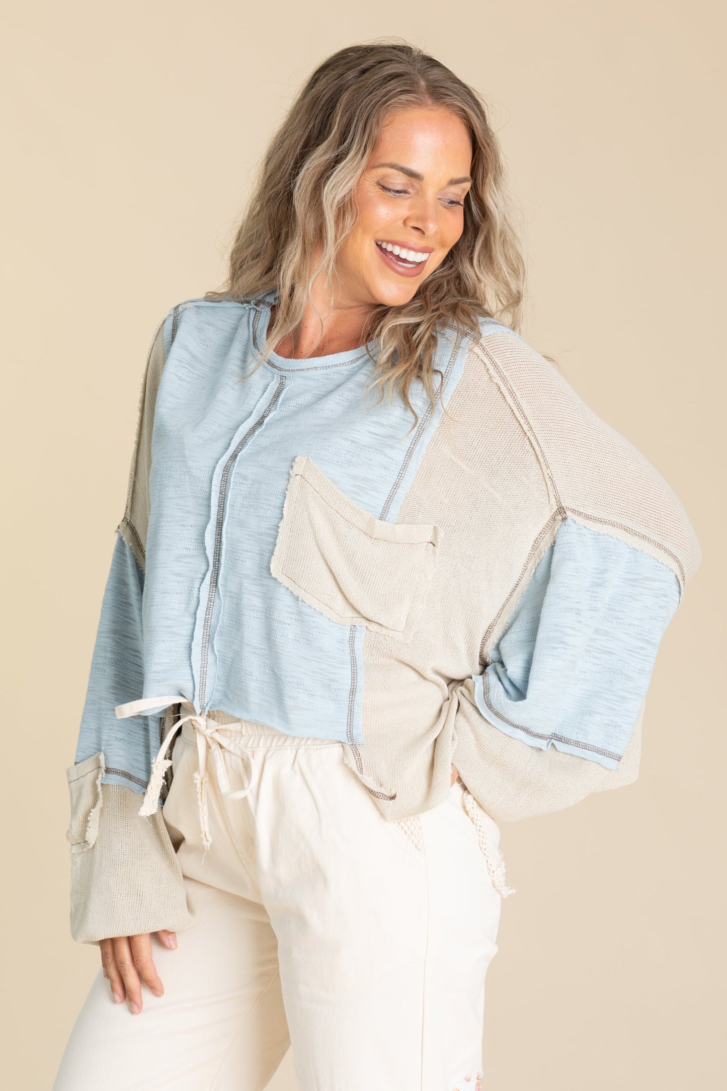 Contrast Balloon Long Sleeve Raw Edge Knit Top