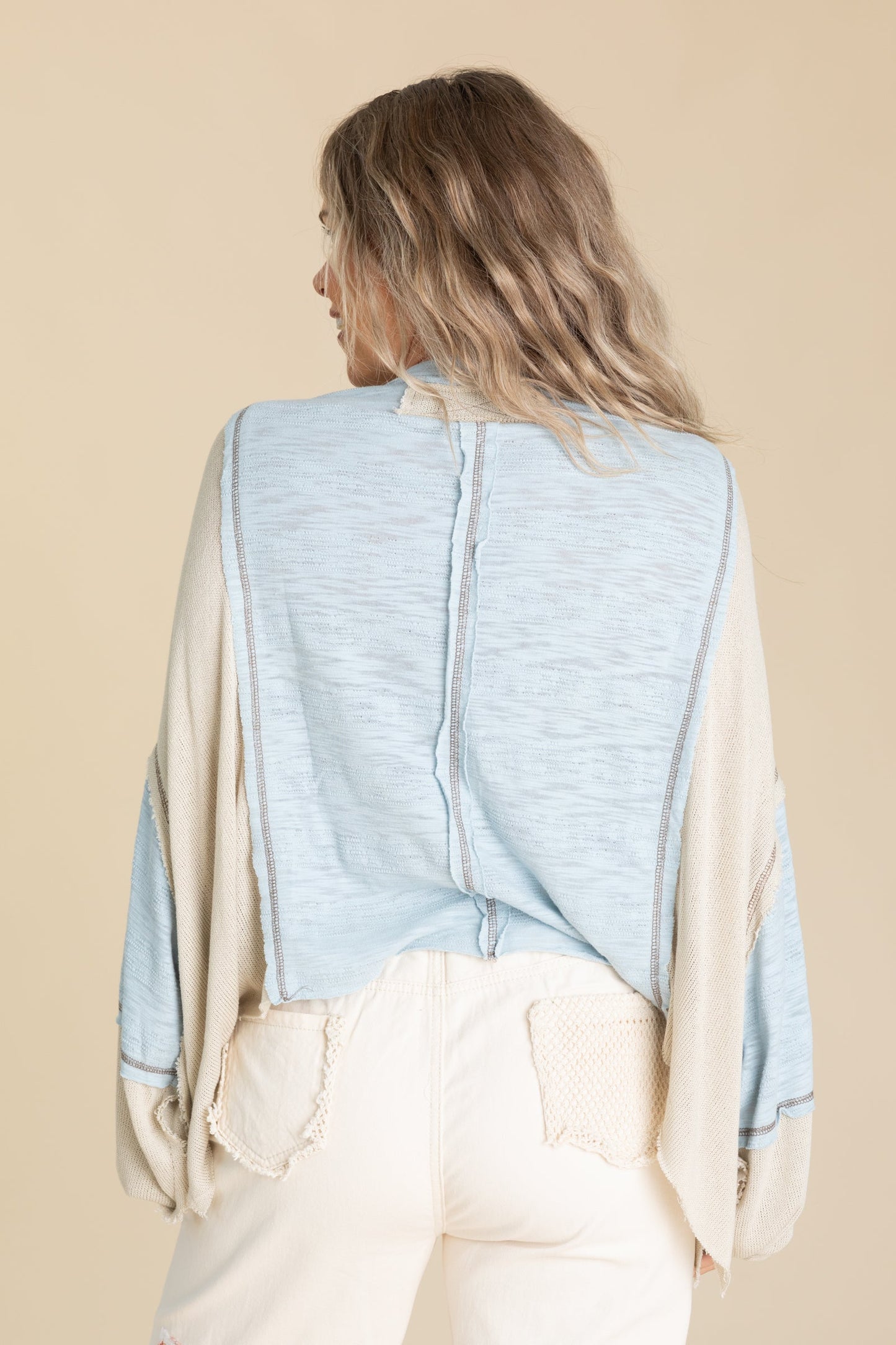 Contrast Balloon Long Sleeve Raw Edge Knit Top