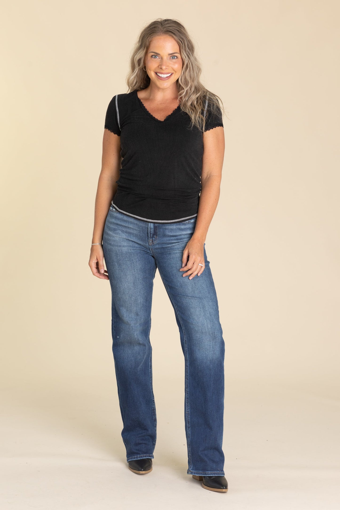 V-Neck Lace Trim Knit Tops