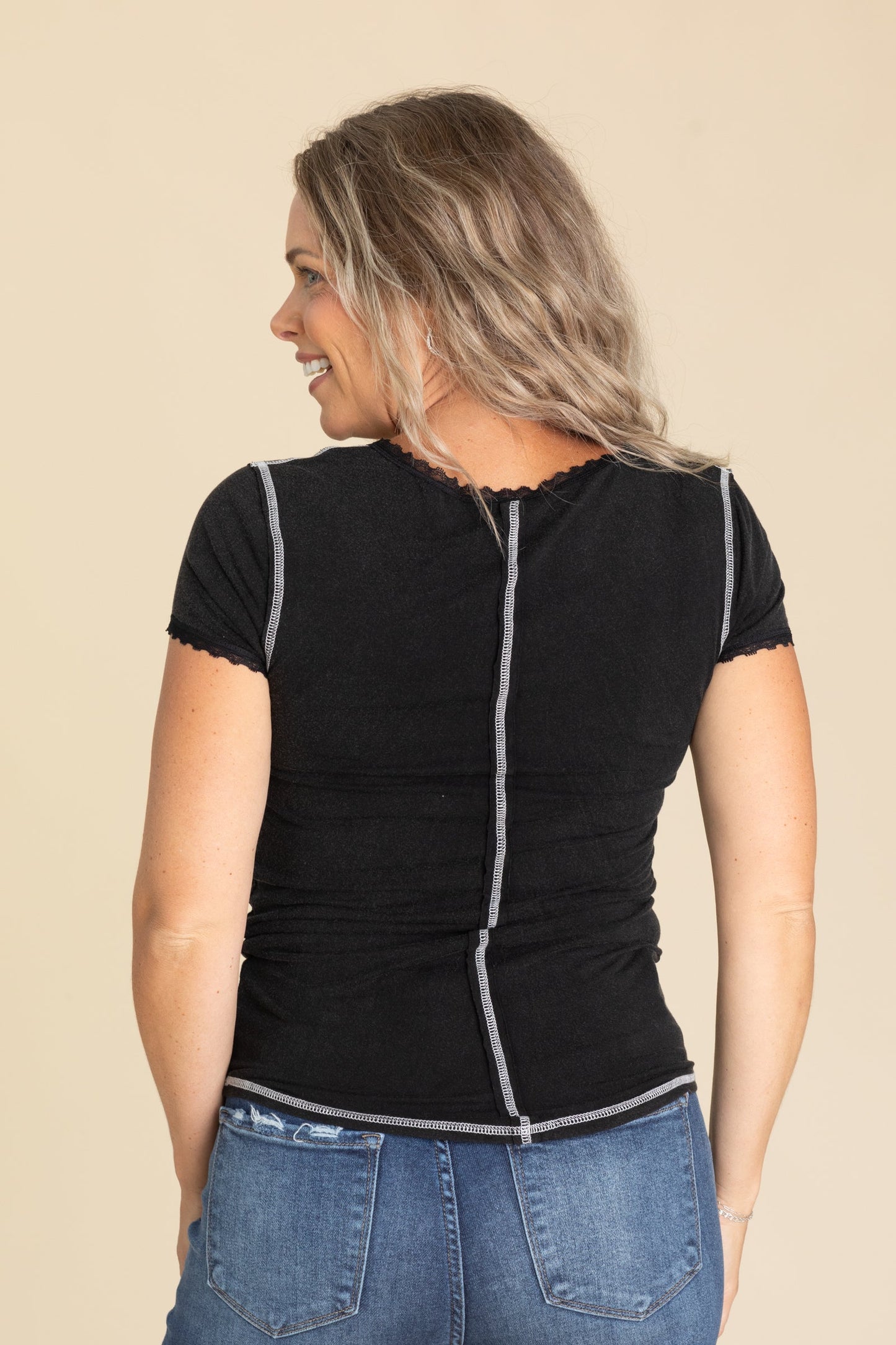 V-Neck Lace Trim Knit Tops