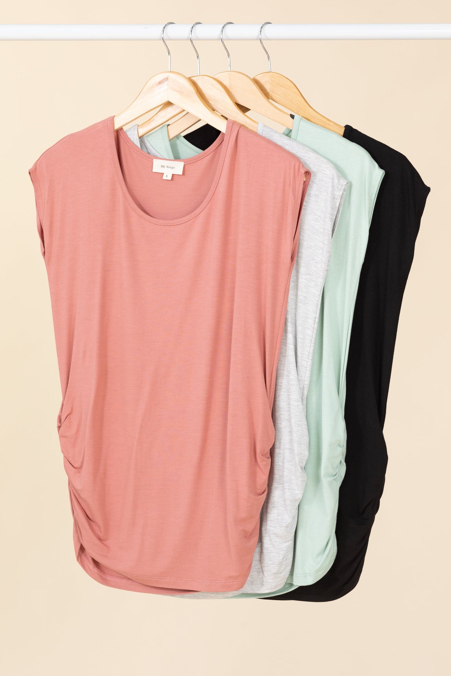 Solid Side Shirred Short Sleeve Knit Tees