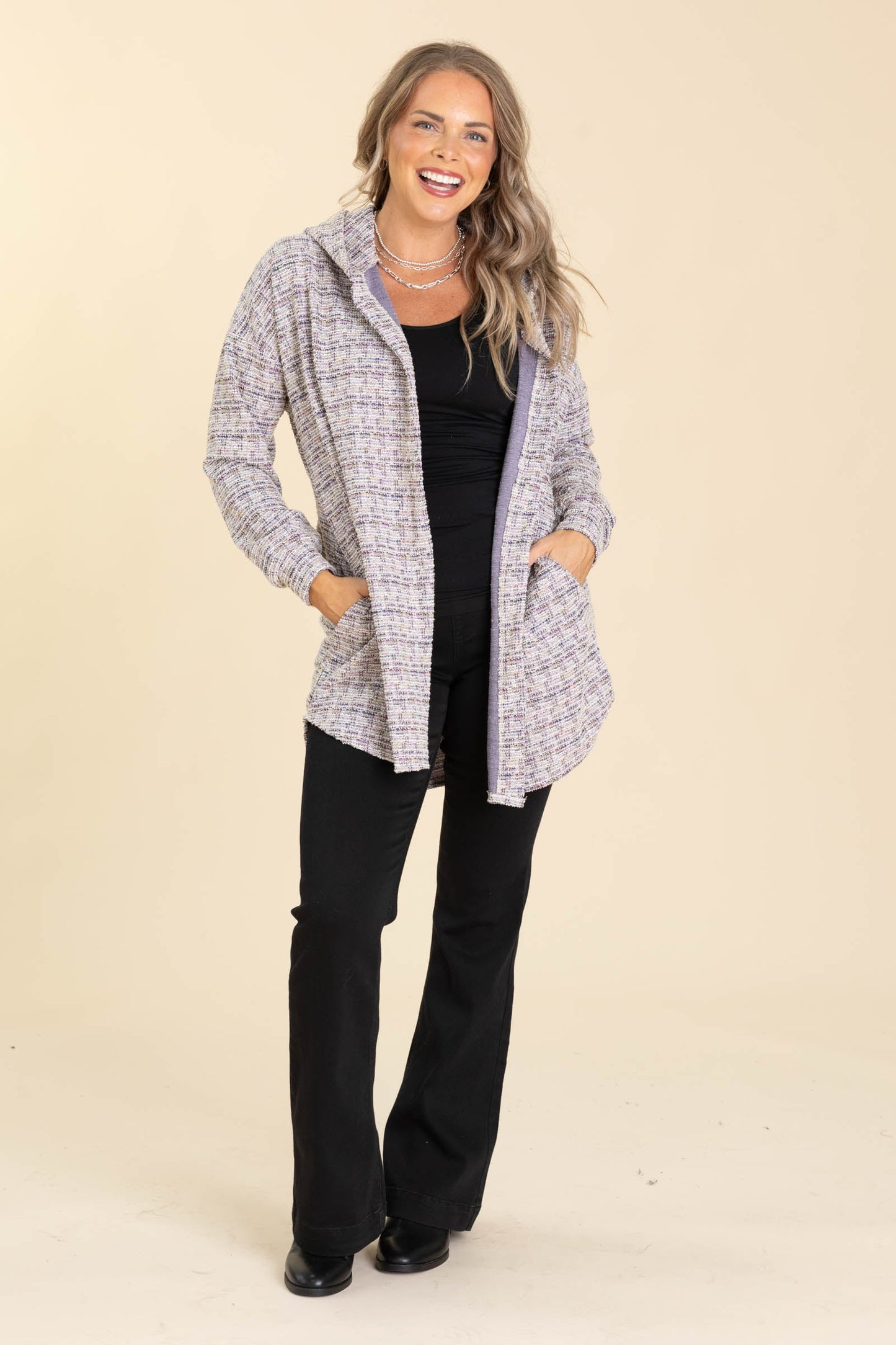 Lavender Boucle Hoodie Button Jacket