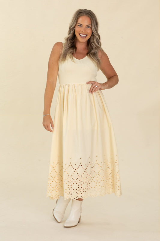 Butter Yellow Eyelet Hem Detail Midi Dress