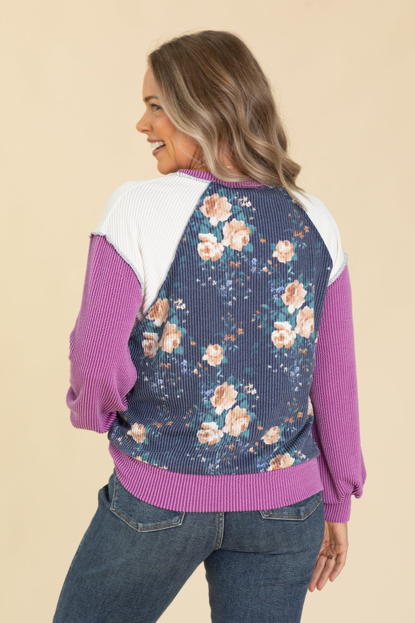 Floral Ribbed Colorblock Knit Tops