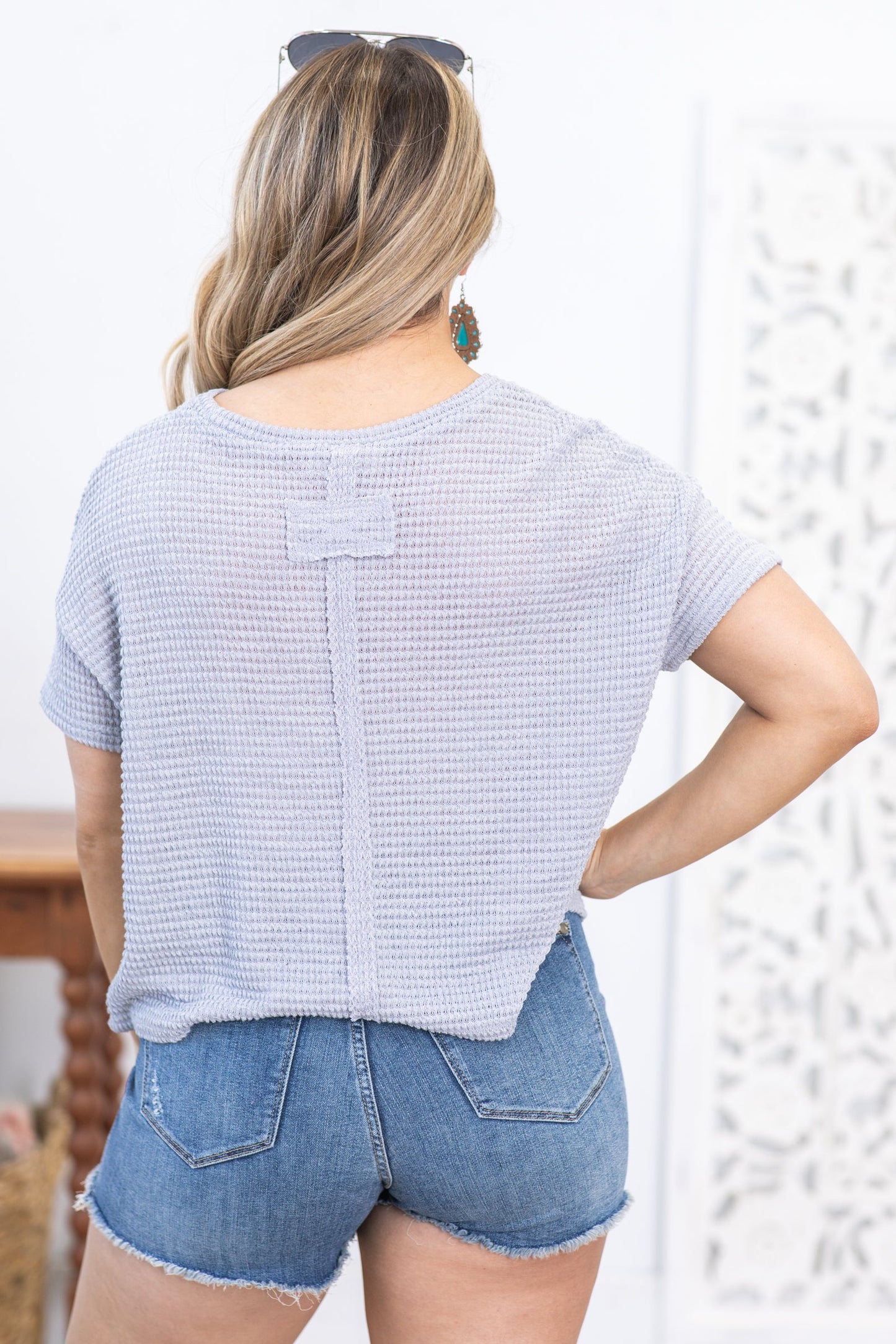 Grey Drop Shoulder Jacquard Knit Top