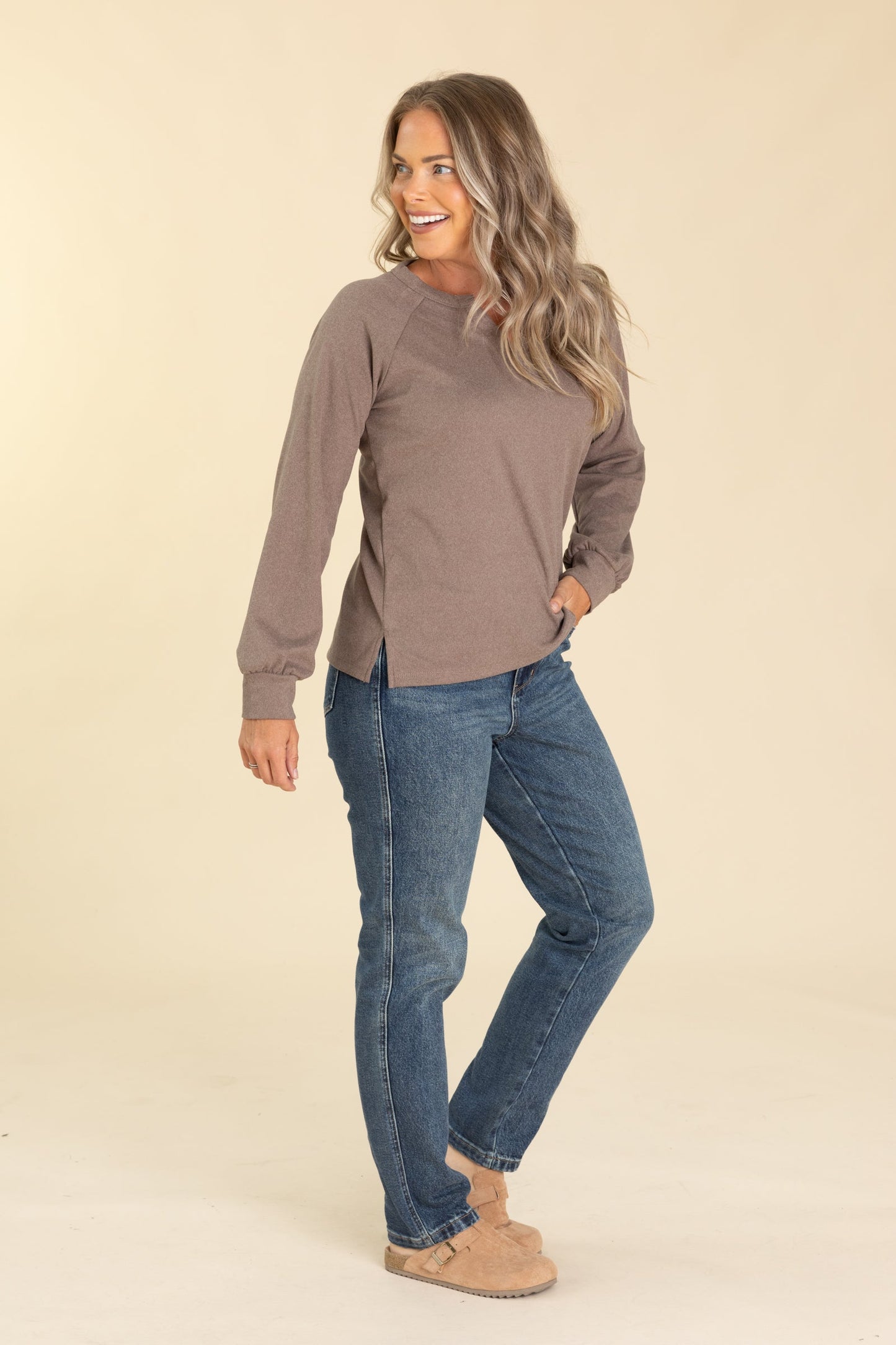 Mocha Split V-Neck Long Sleeve Knit Top