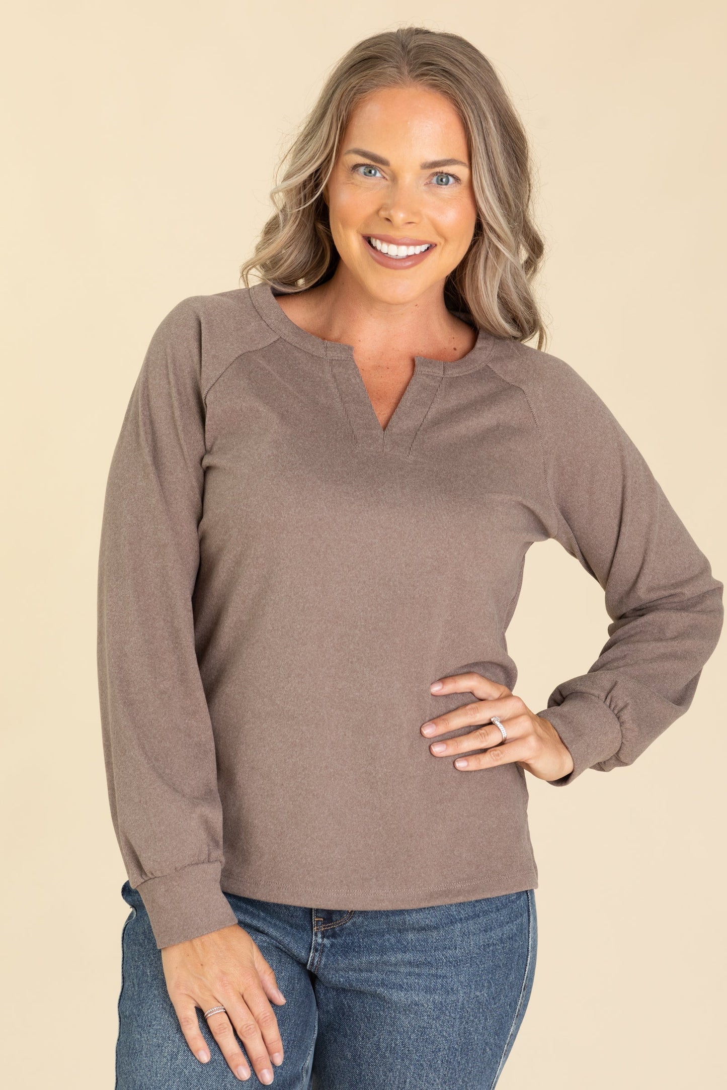 Mocha Split V-Neck Long Sleeve Knit Top