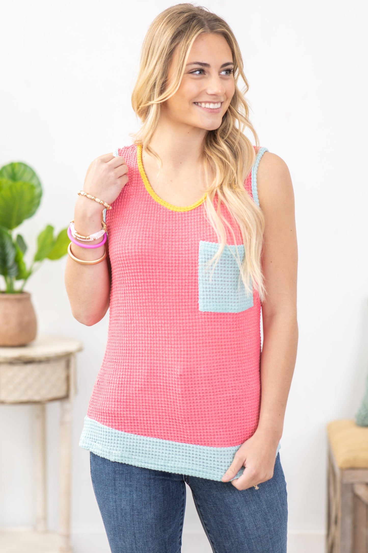 Pink And Light Blue Waffle Knit Top