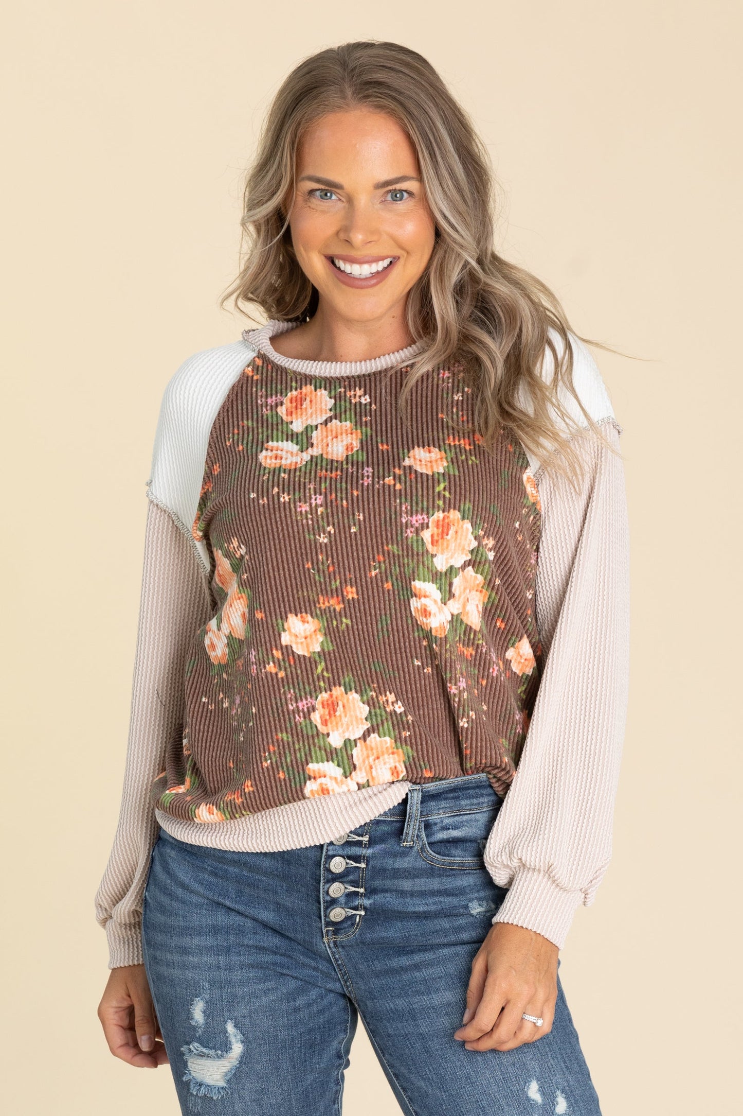 Floral Ribbed Colorblock Knit Tops