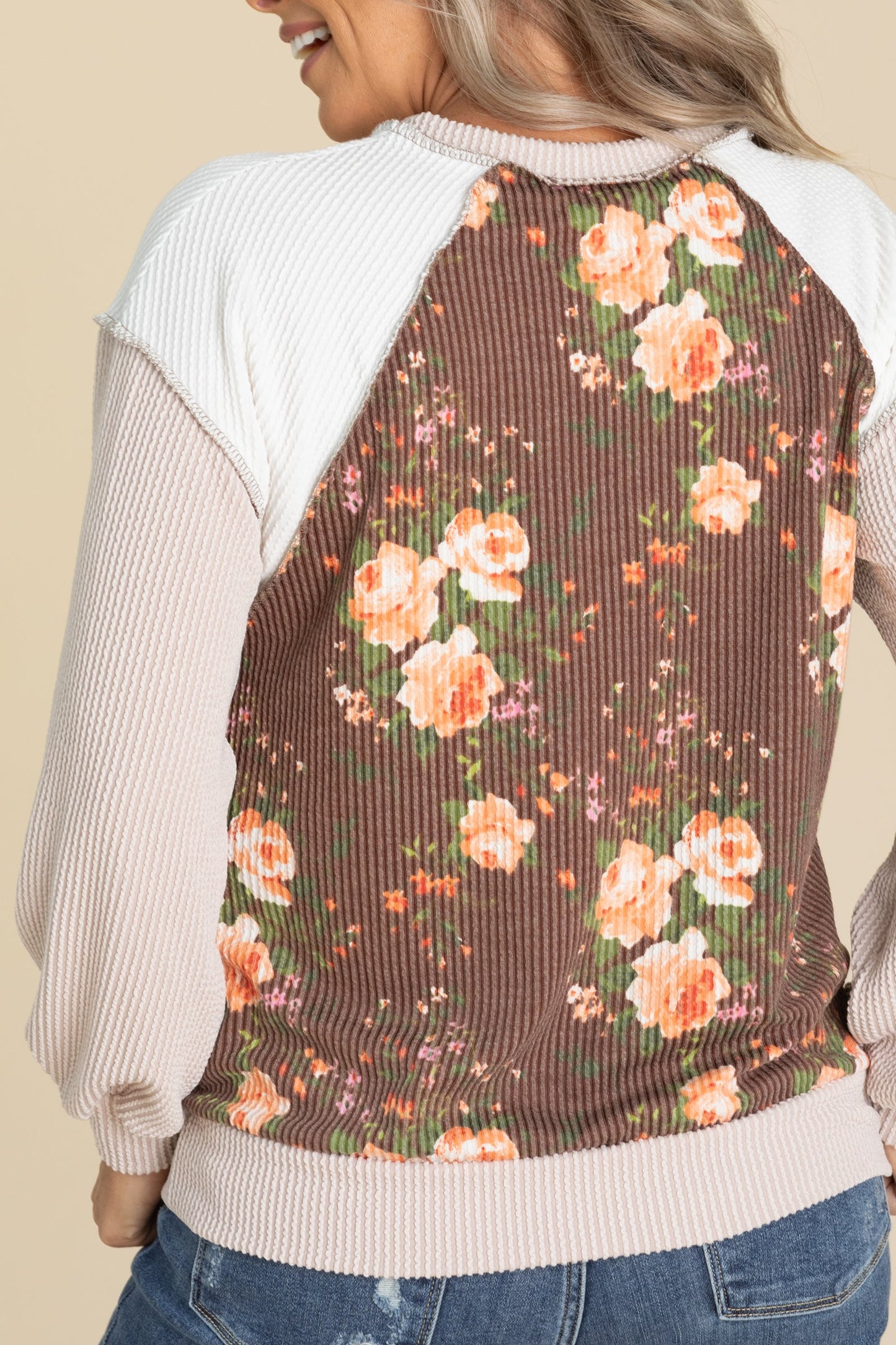 Floral Ribbed Colorblock Knit Tops