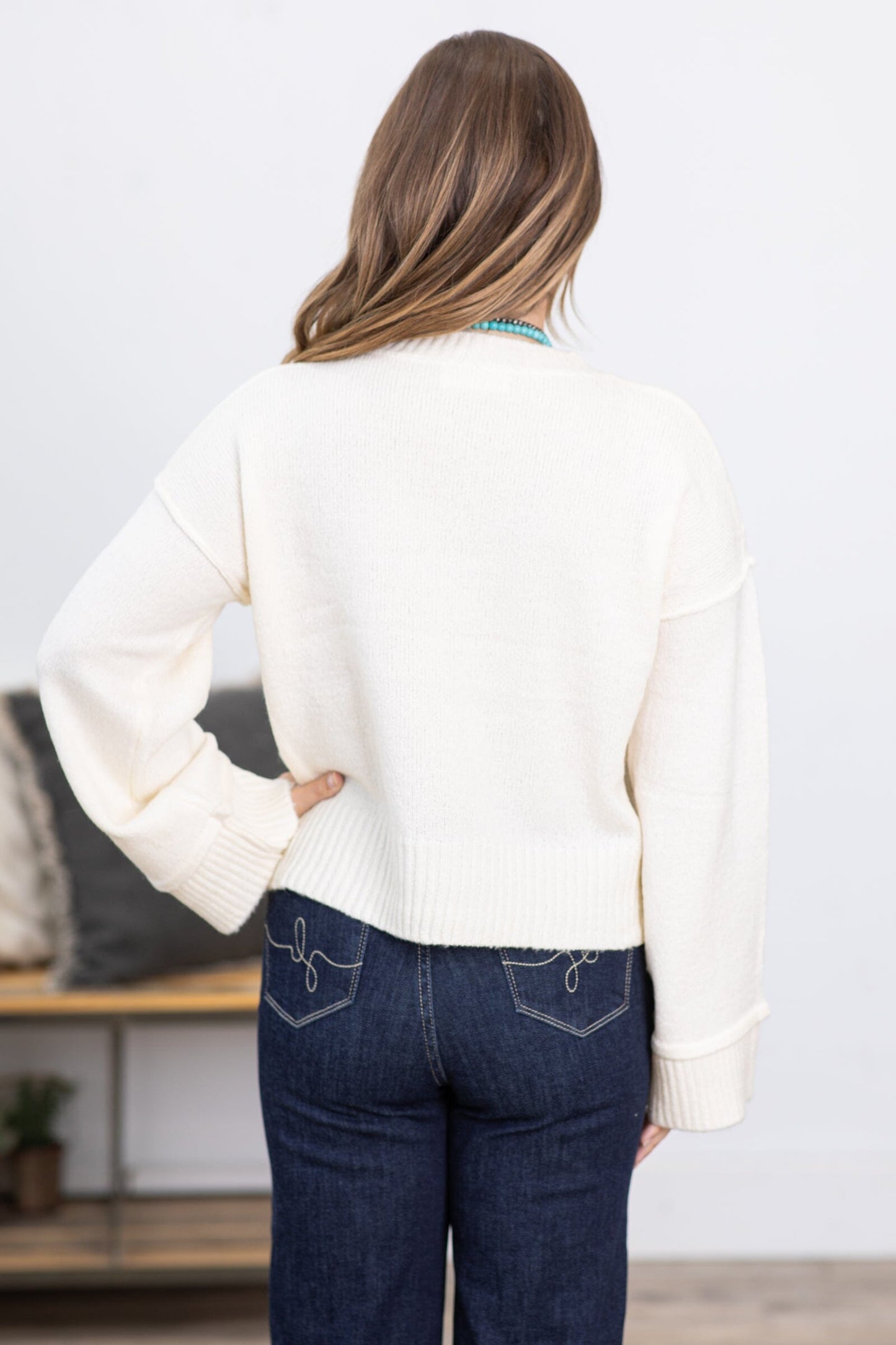 Ivory Ribbed Trim Crew Neck Sweater