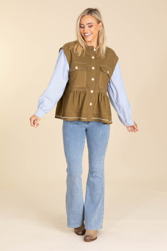 Olive Button Front Mixed Media Knit Top