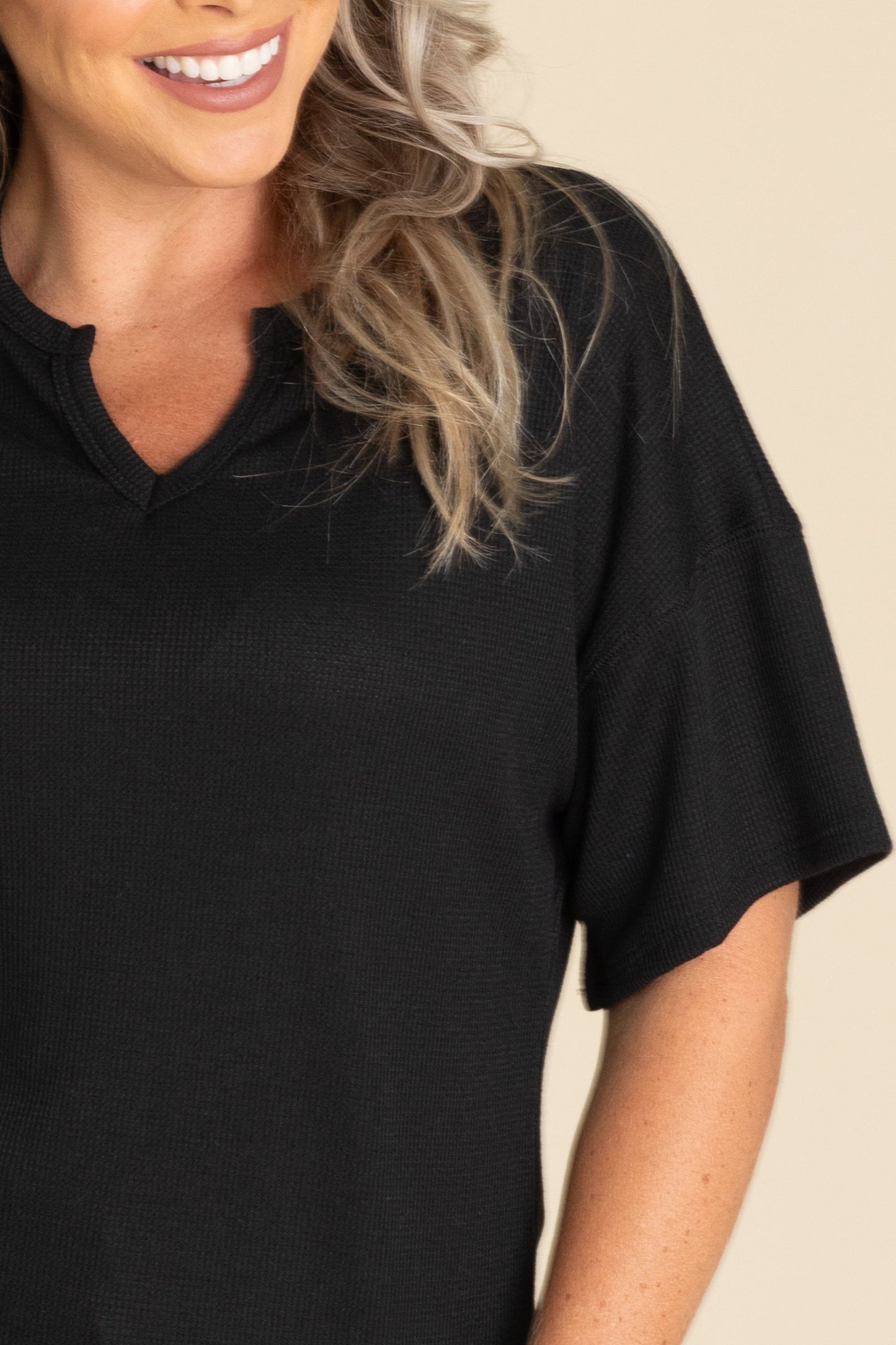 Solid V-Neck Textured Knit Tops