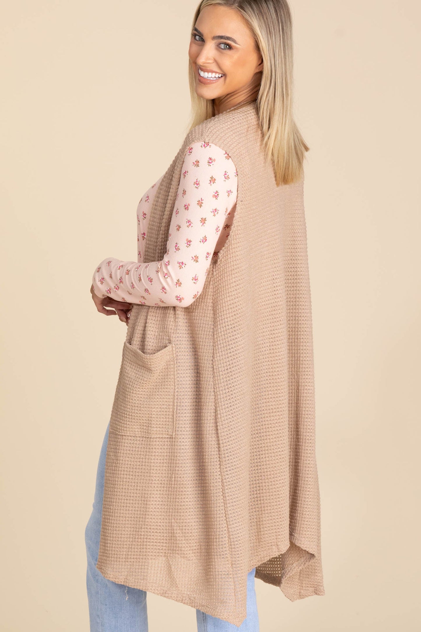 Waffle Knit Vest Cardigans With Pockets