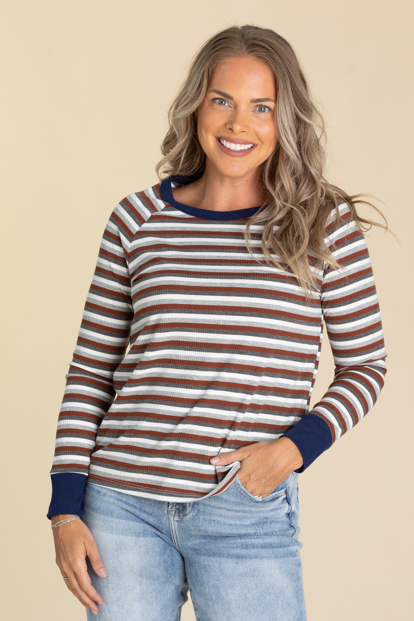 Multicolor Stripe Long Sleeve Knit Tops