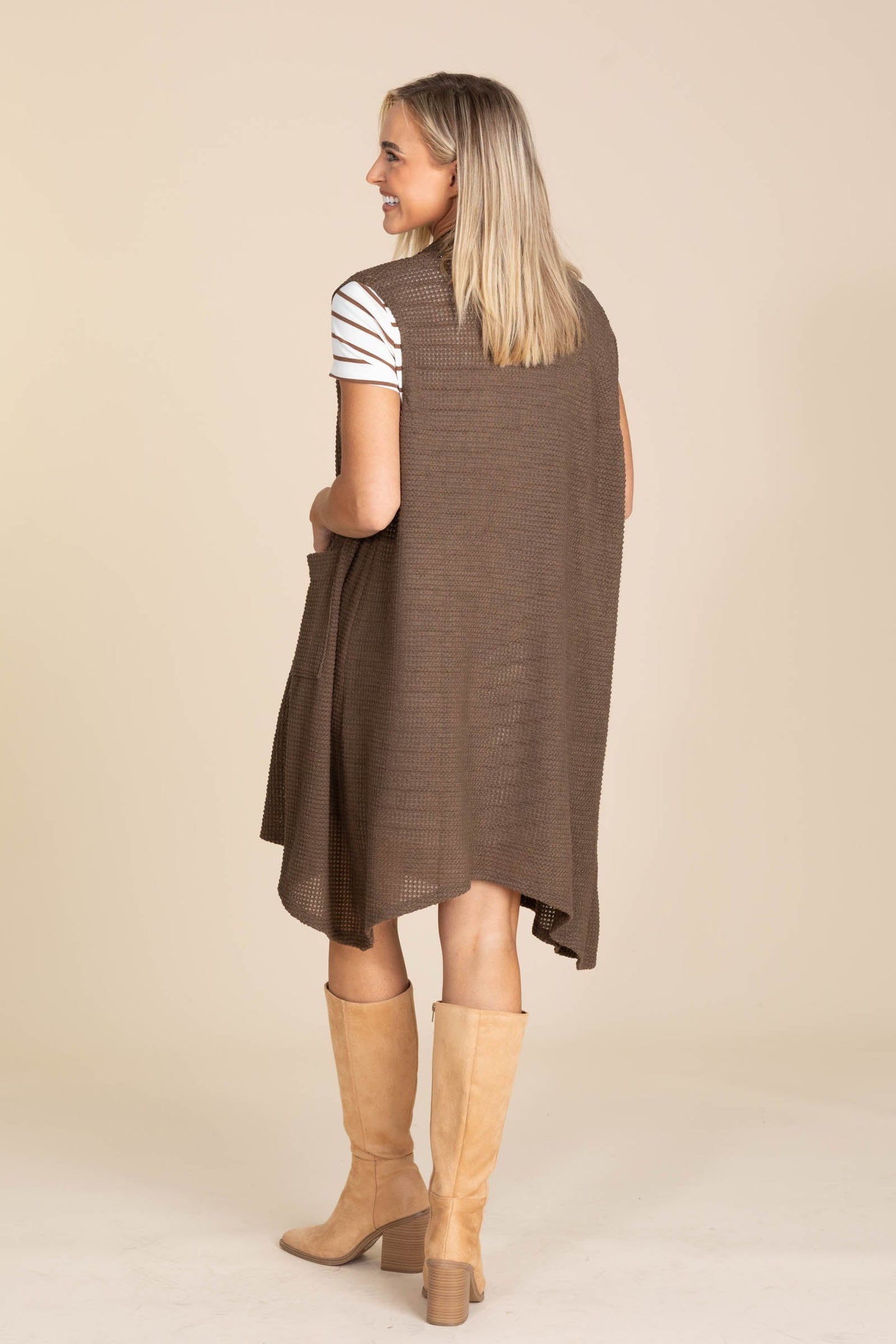 Waffle Knit Vest Cardigans With Pockets