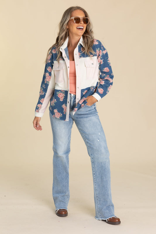 Denim Blue Washed Printed Button Up Shacket