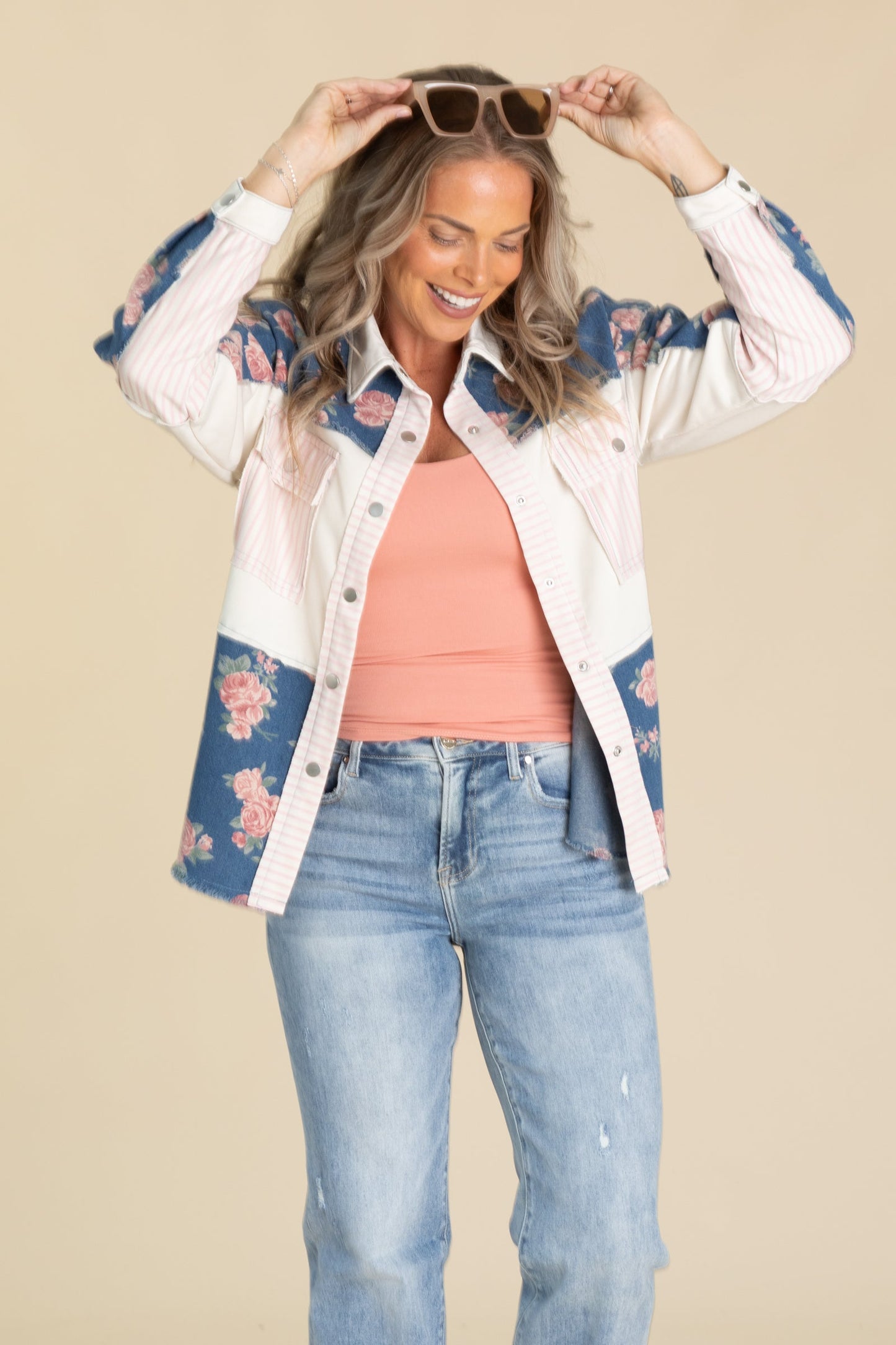 Denim Blue Washed Printed Button Up Shacket