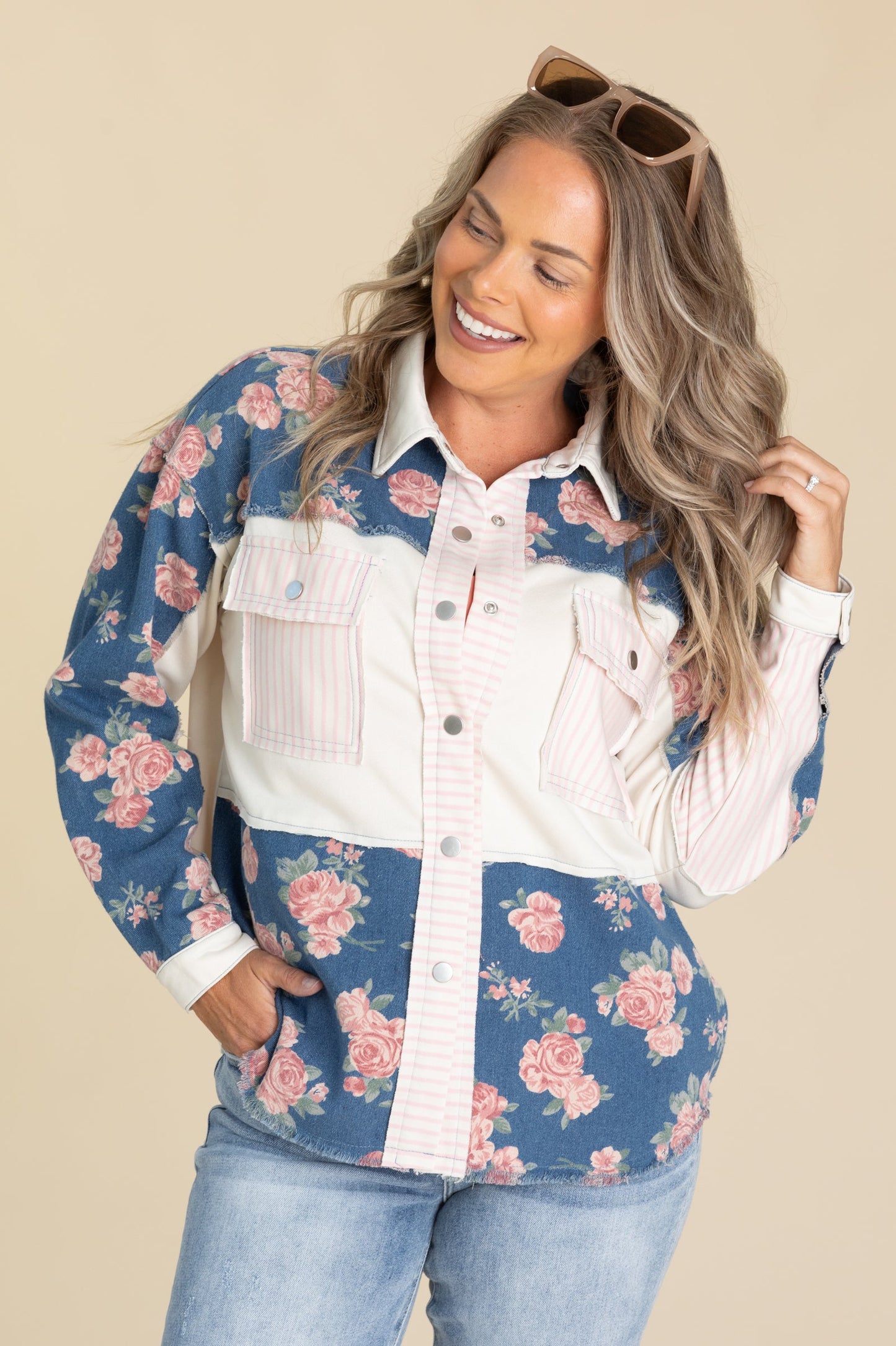 Denim Blue Washed Printed Button Up Shacket