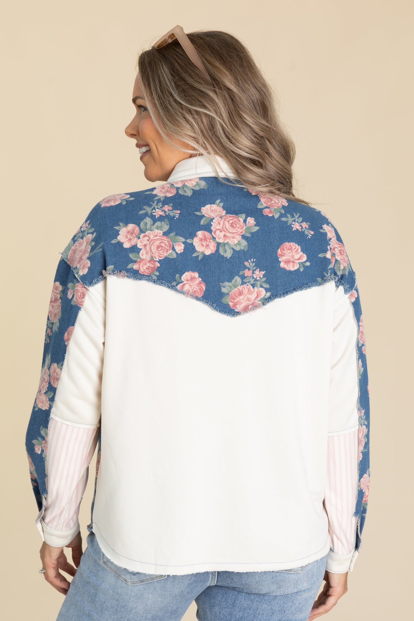 Denim Blue Washed Printed Button Up Shacket