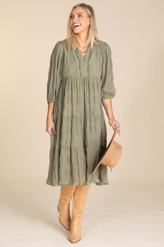 Olive Tiered Midi Dress With Balloon Sleeves