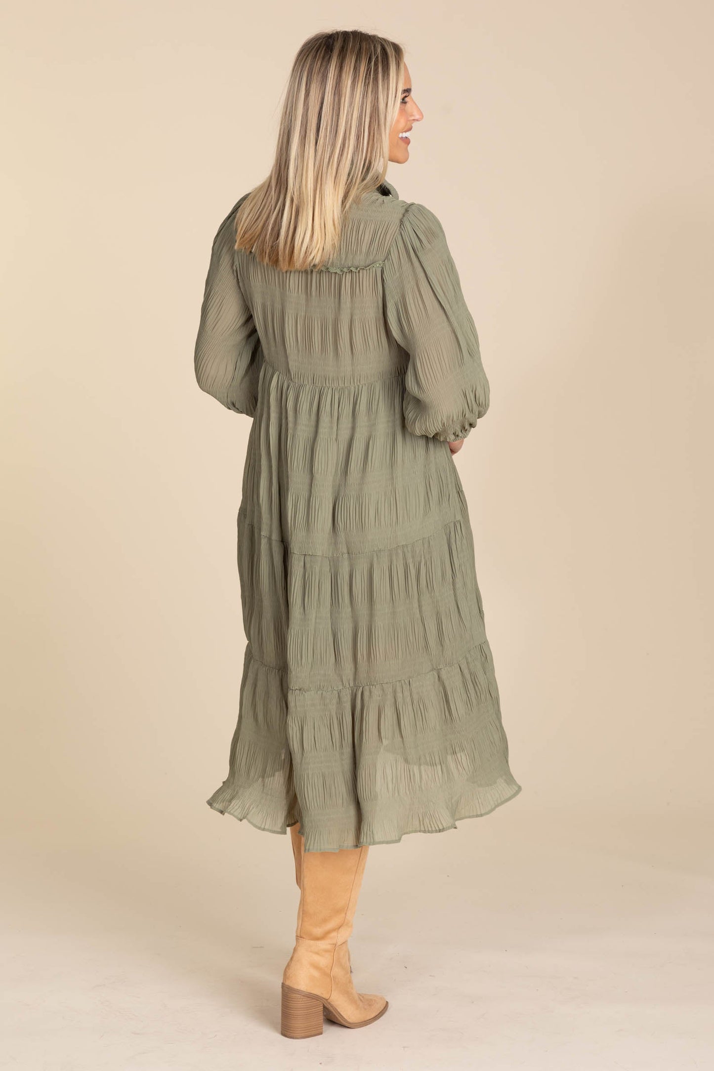 Olive Tiered Midi Dress With Balloon Sleeves