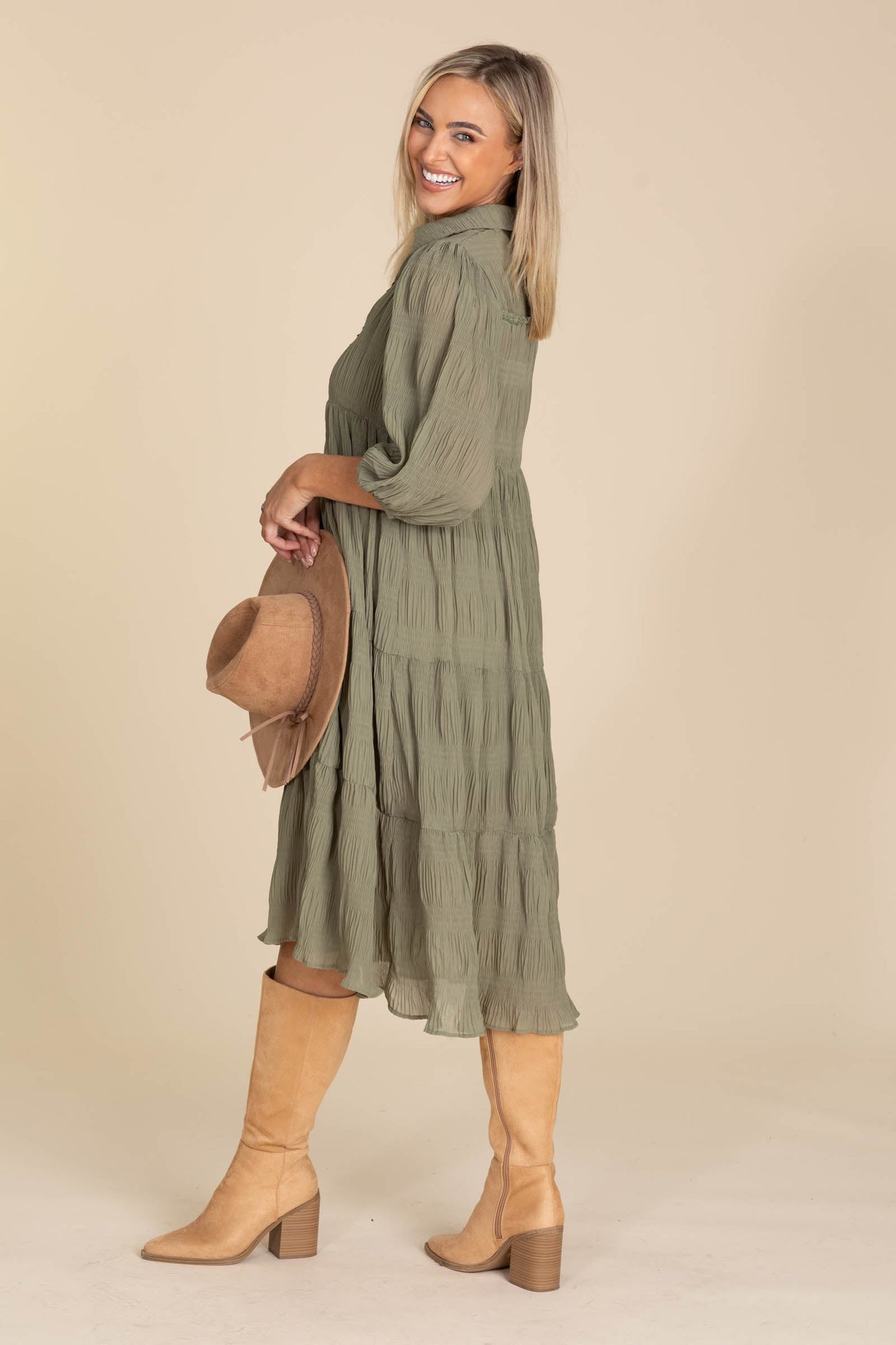 Olive Tiered Midi Dress With Balloon Sleeves