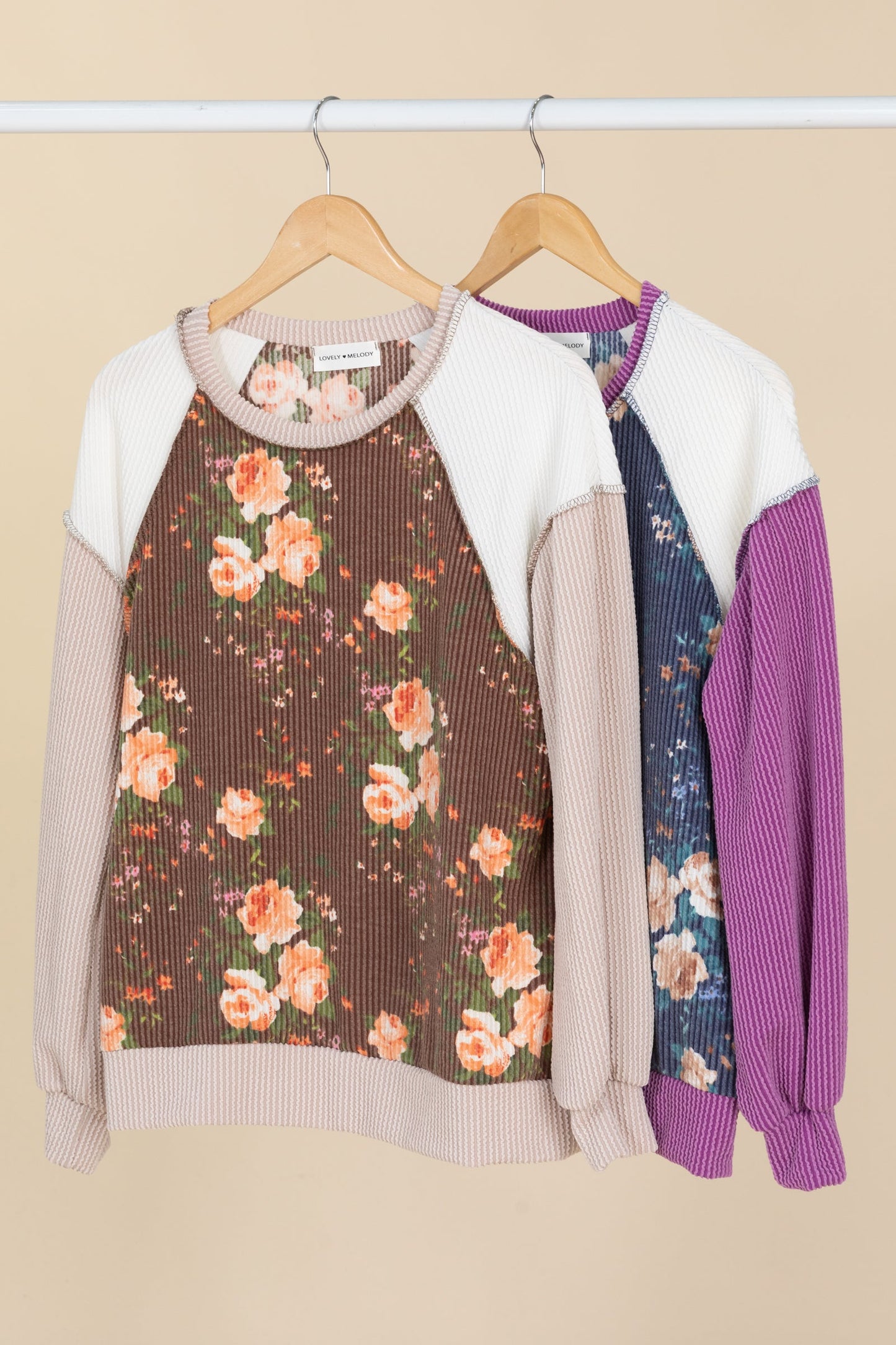 Floral Ribbed Colorblock Knit Tops