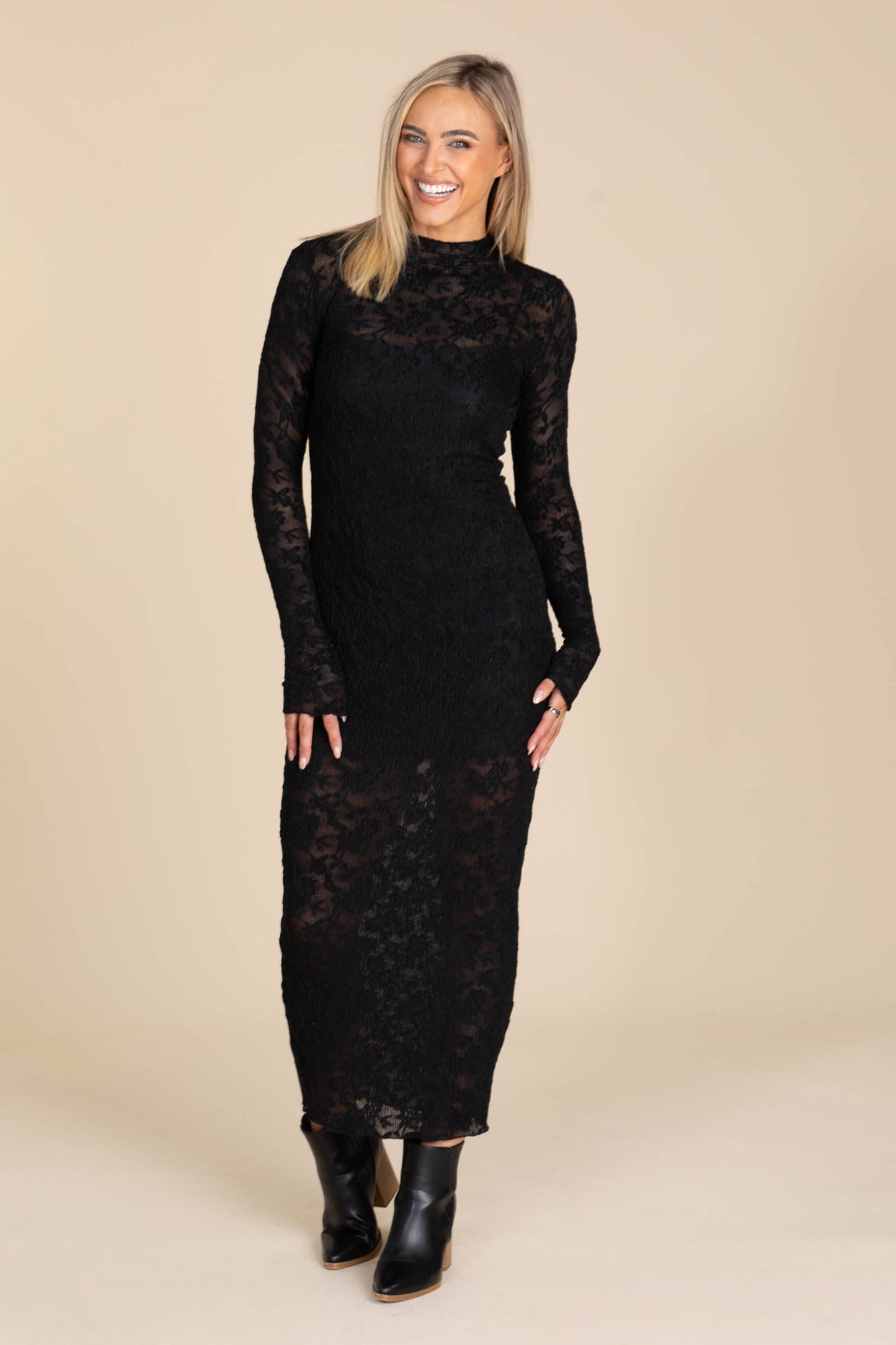 Black Long Sleeve Mock Neck Lace Maxi Dress