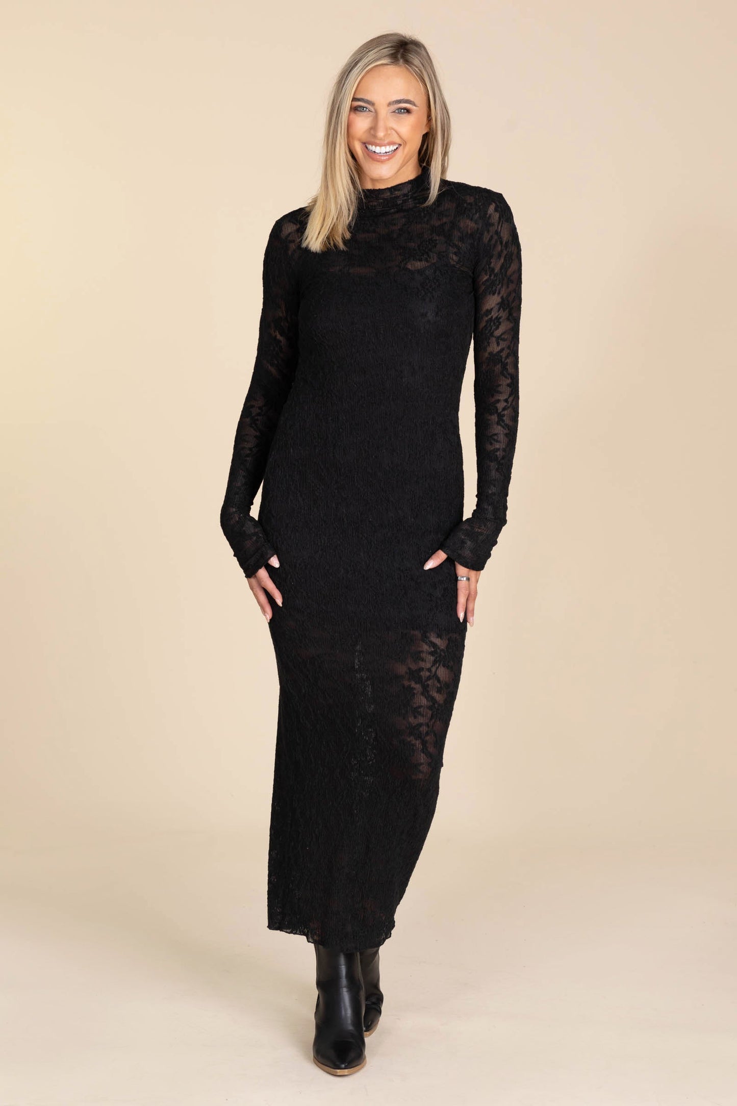 Black Long Sleeve Mock Neck Lace Maxi Dress