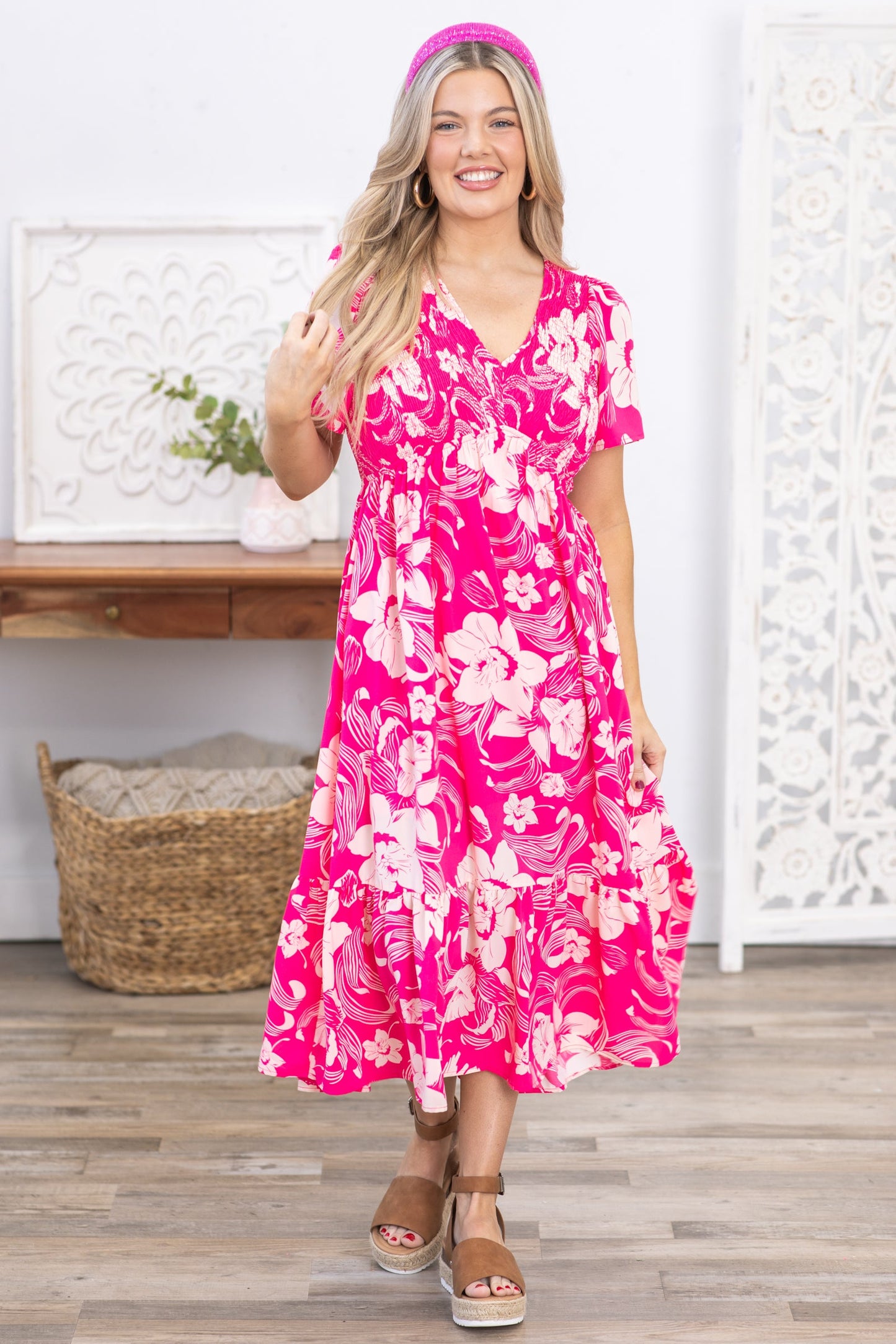 Pink Floral Print V-Neck Midi Dress