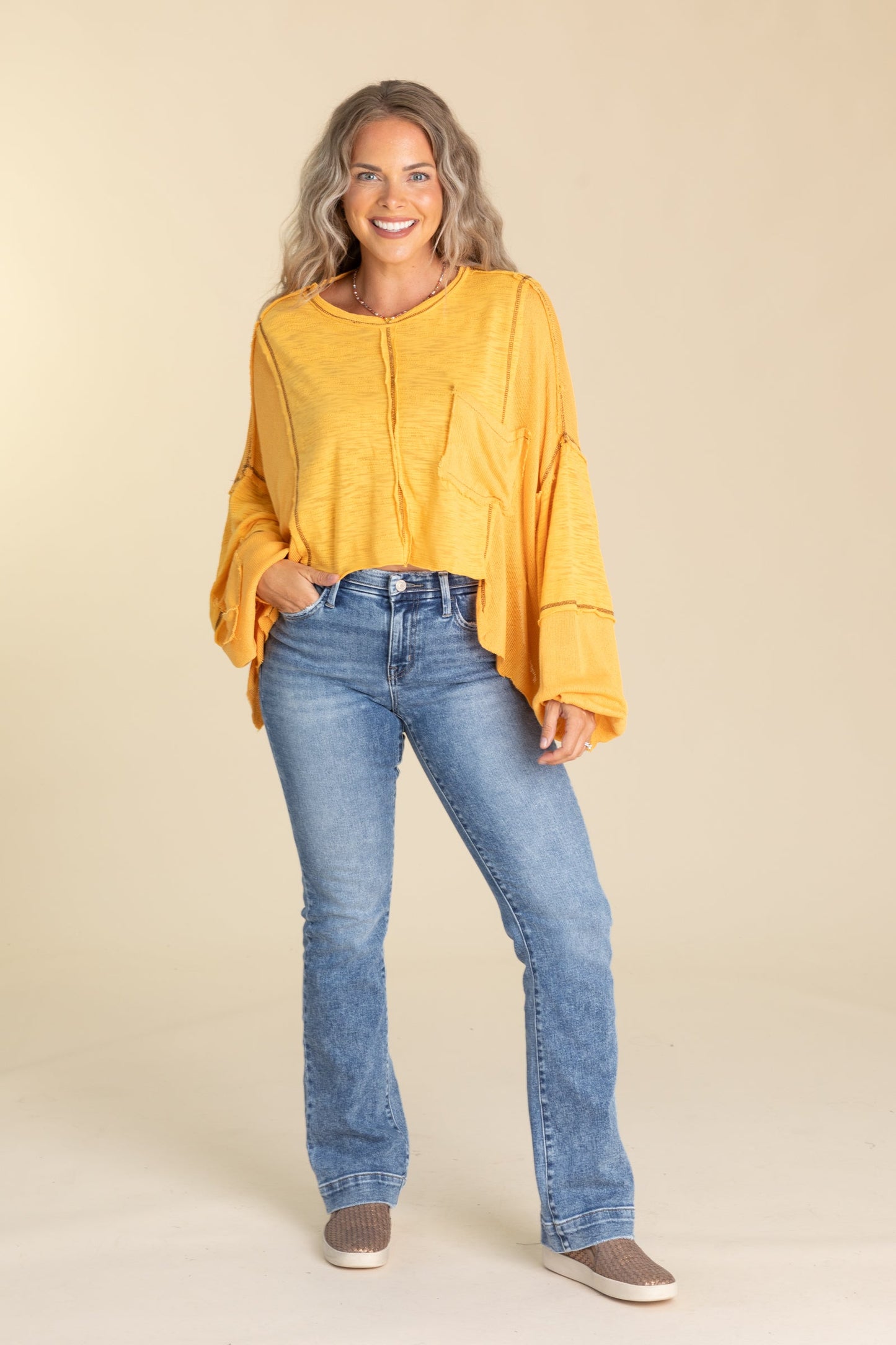Contrast Balloon Long Sleeve Raw Edge Knit Top