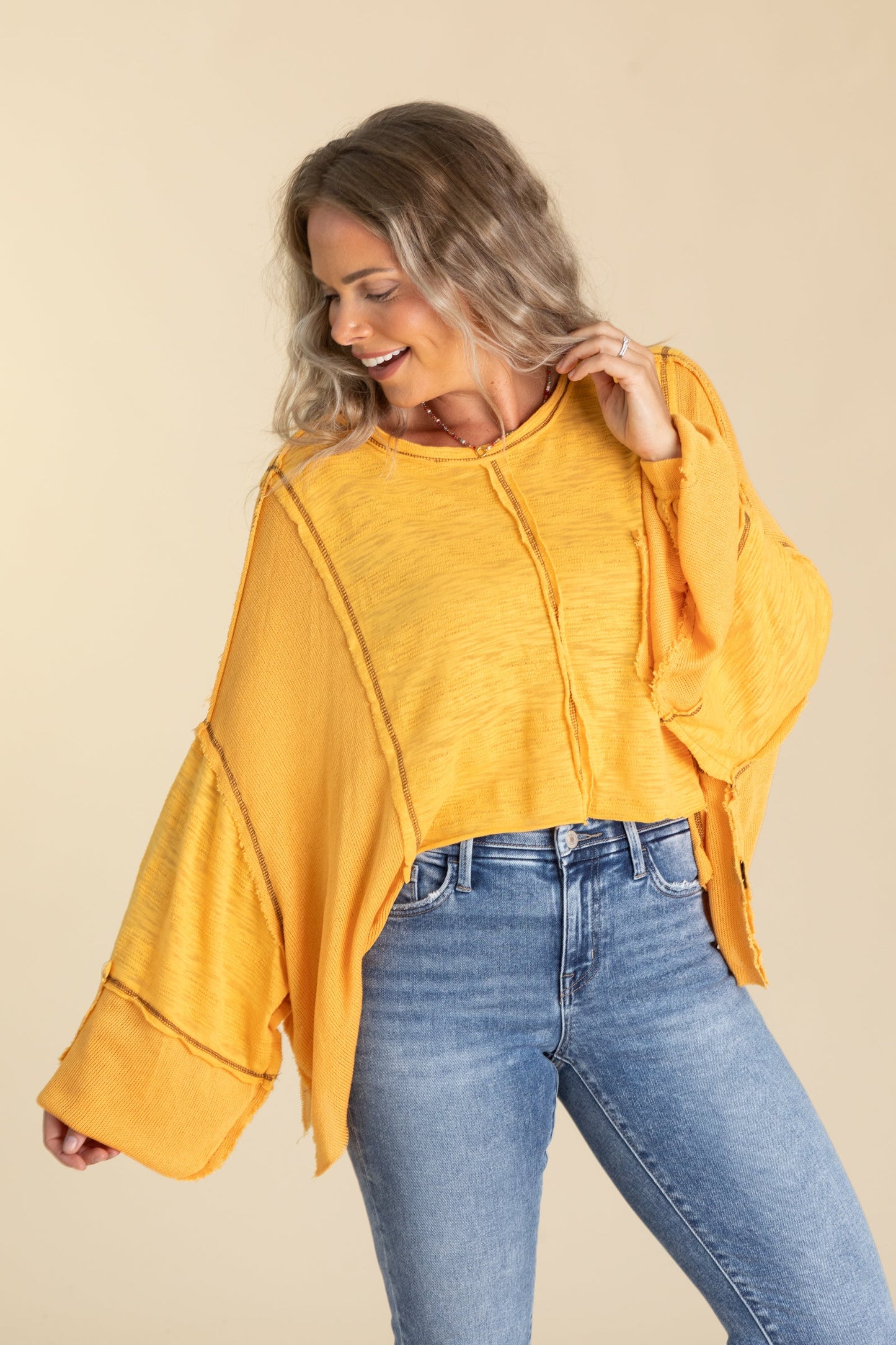 Contrast Balloon Long Sleeve Raw Edge Knit Top